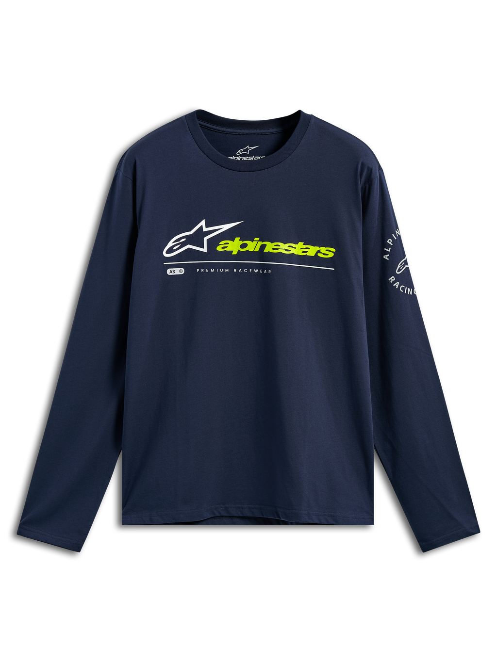 Alpinestars Mandatory CSF Tee, T-shirt met lange mouwen, marineblauw, wit Astars-logo en neongele Alpinestars-tekst op de voorkant, cirkelvormig logo op de mouw, casual motorsport-sportkleding