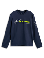 Alpinestars Mandatory CSF Tee, T-shirt met lange mouwen, marineblauw, wit Astars-logo en neongele Alpinestars-tekst op de voorkant, cirkelvormig logo op de mouw, casual motorsport-sportkleding