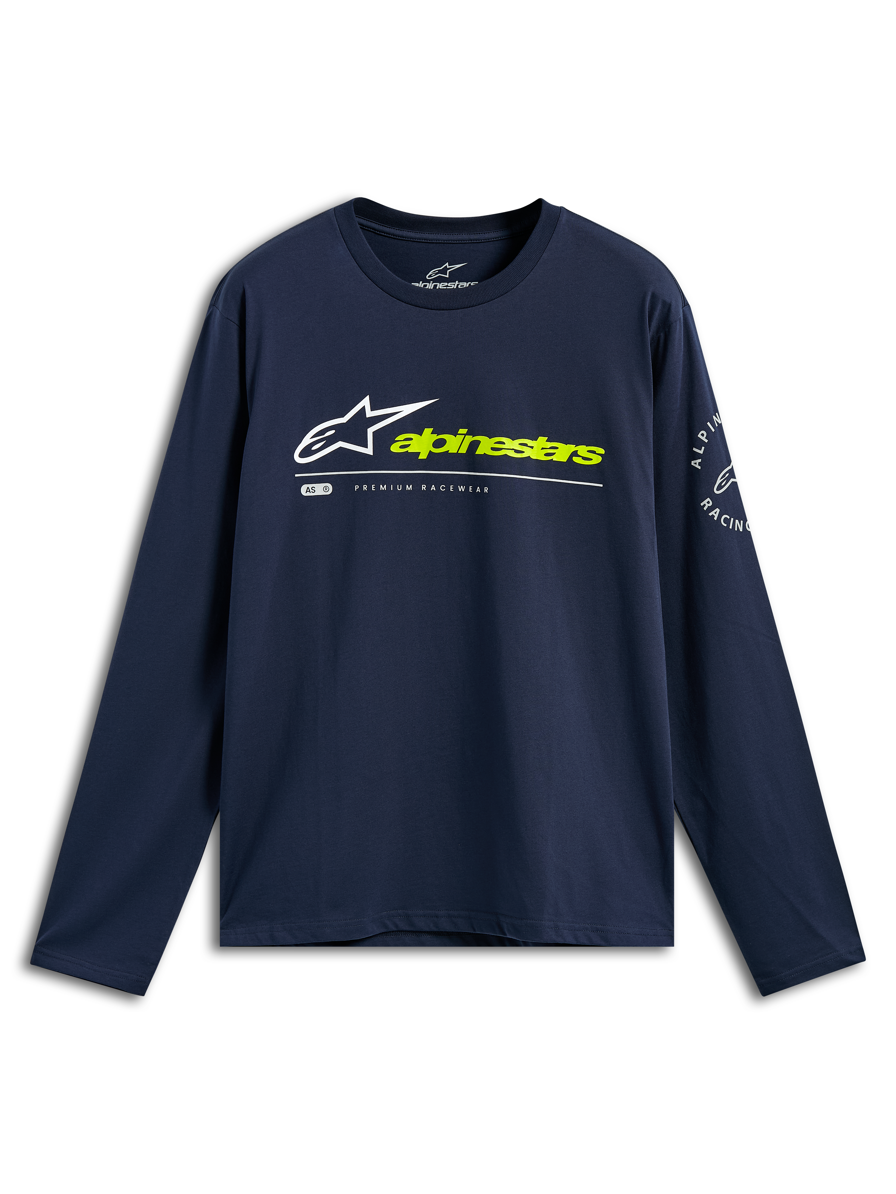 Alpinestars Mandatory CSF Tee, T-shirt met lange mouwen, marineblauw, wit Astars-logo en neongele Alpinestars-tekst op de voorkant, cirkelvormig logo op de mouw, casual motorsport-sportkleding