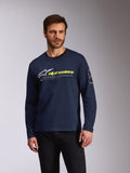 Alpinestars Mandatory CSF Tee, T-shirt met lange mouwen, marineblauw, witte en gele Alpinestars-branding, wit cirkelvormig logo op de mouw, casual motorsport sportkleding