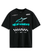 Alpinestars Aplomb Oversized CSF Tee, T-shirt met korte mouwen, zwart, groot groenblauw en wit gestreept Astars-logo, rode 'Racing Ahead' tekst en geblokte graphic, casual motorsport streetwear