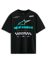 T-shirt Alpinestars Aplomb Oversized CSF, t-shirt à manches courtes, noir, grand logo Astars à rayures bleu sarcelle et blanches, texte Racing Ahead rouge et motif à damier, style streetwear motorsport décontracté