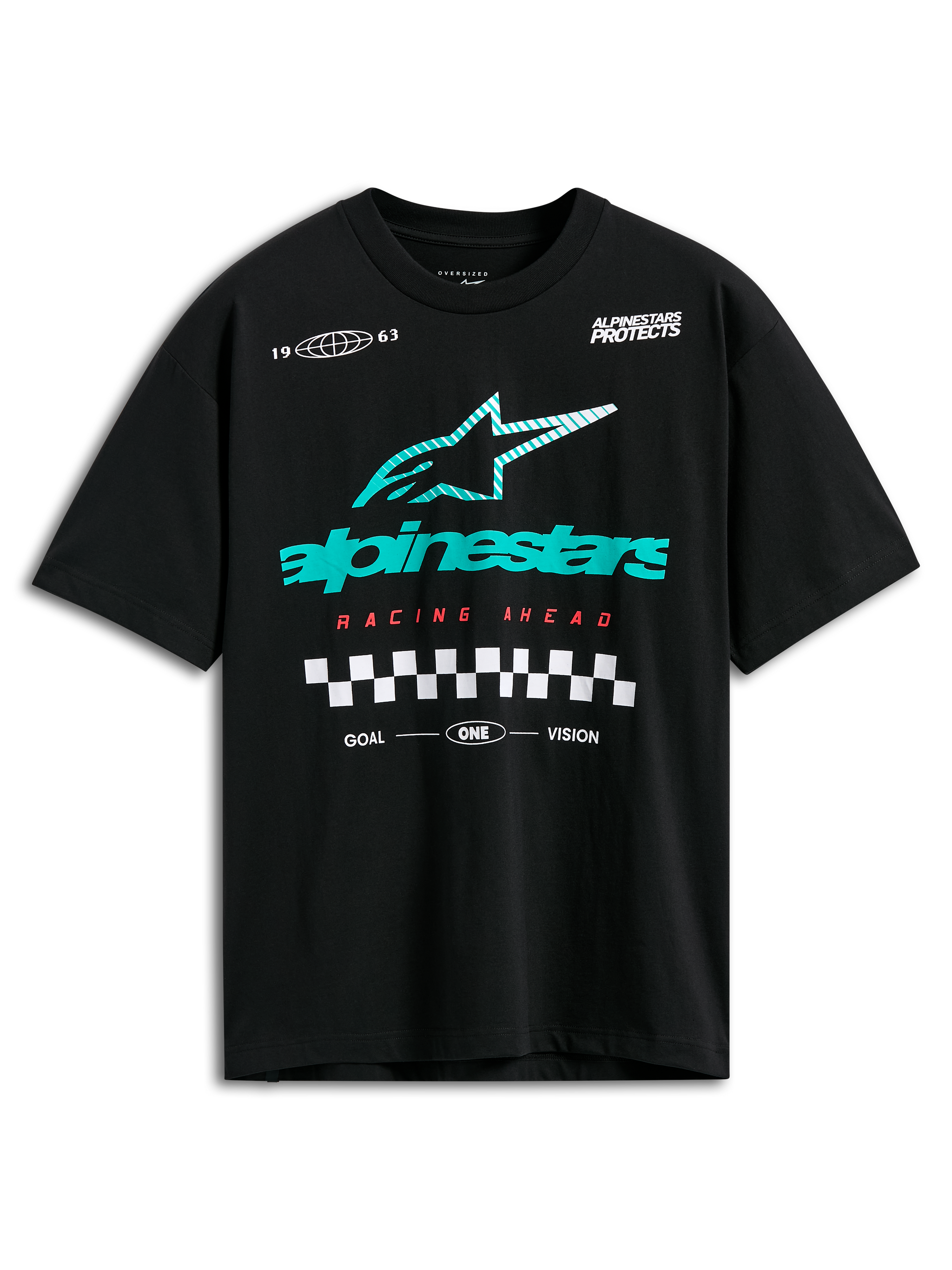T-shirt Alpinestars Aplomb Oversized CSF, t-shirt à manches courtes, noir, grand logo Astars à rayures bleu sarcelle et blanches, texte Racing Ahead rouge et motif à damier, style streetwear motorsport décontracté