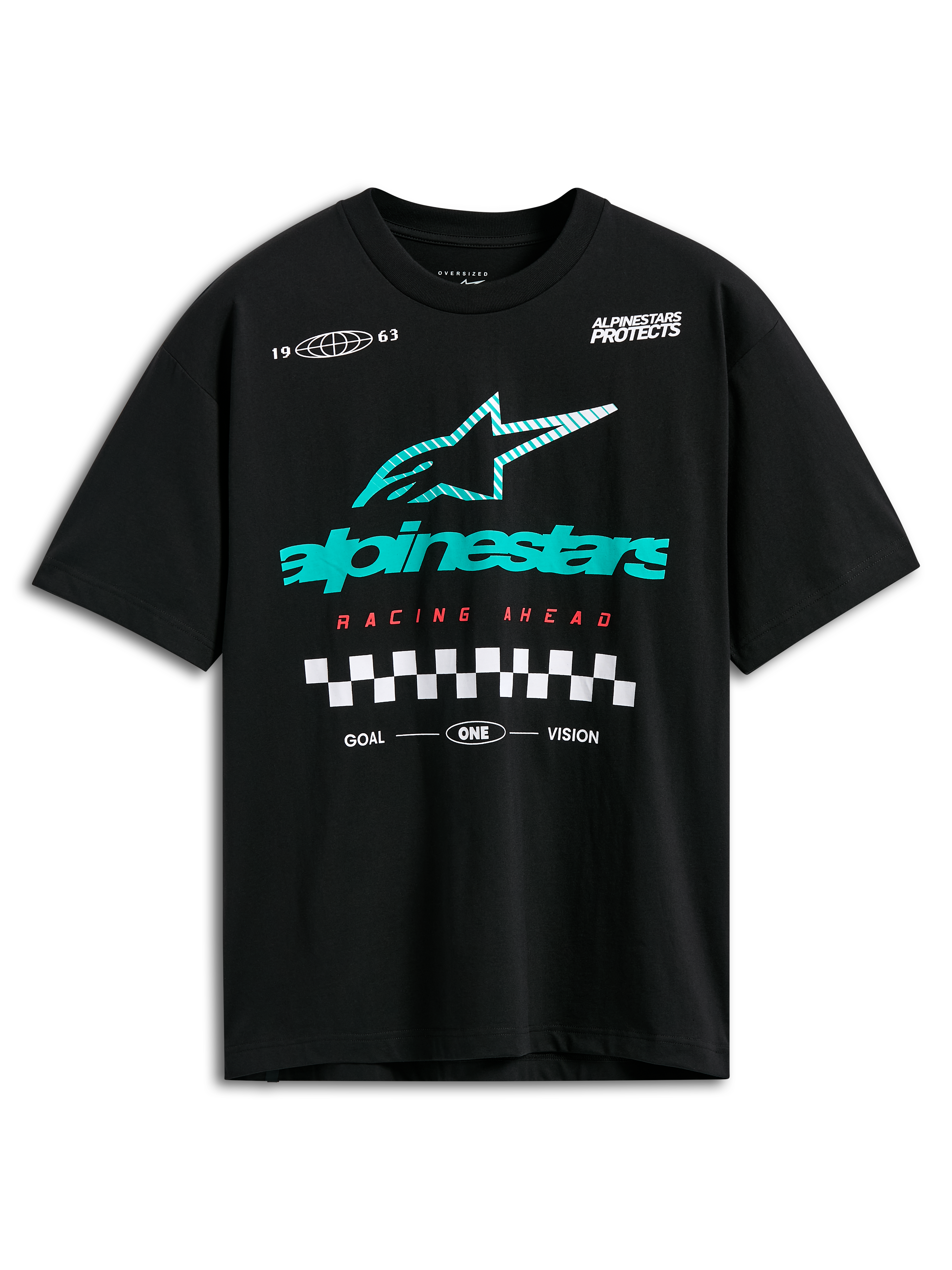 Alpinestars Aplomb Oversized CSF Tee, T-shirt met korte mouwen, zwart, groot groenblauw en wit gestreept Astars-logo, rode 'Racing Ahead' tekst en geblokte graphic, casual motorsport streetwear