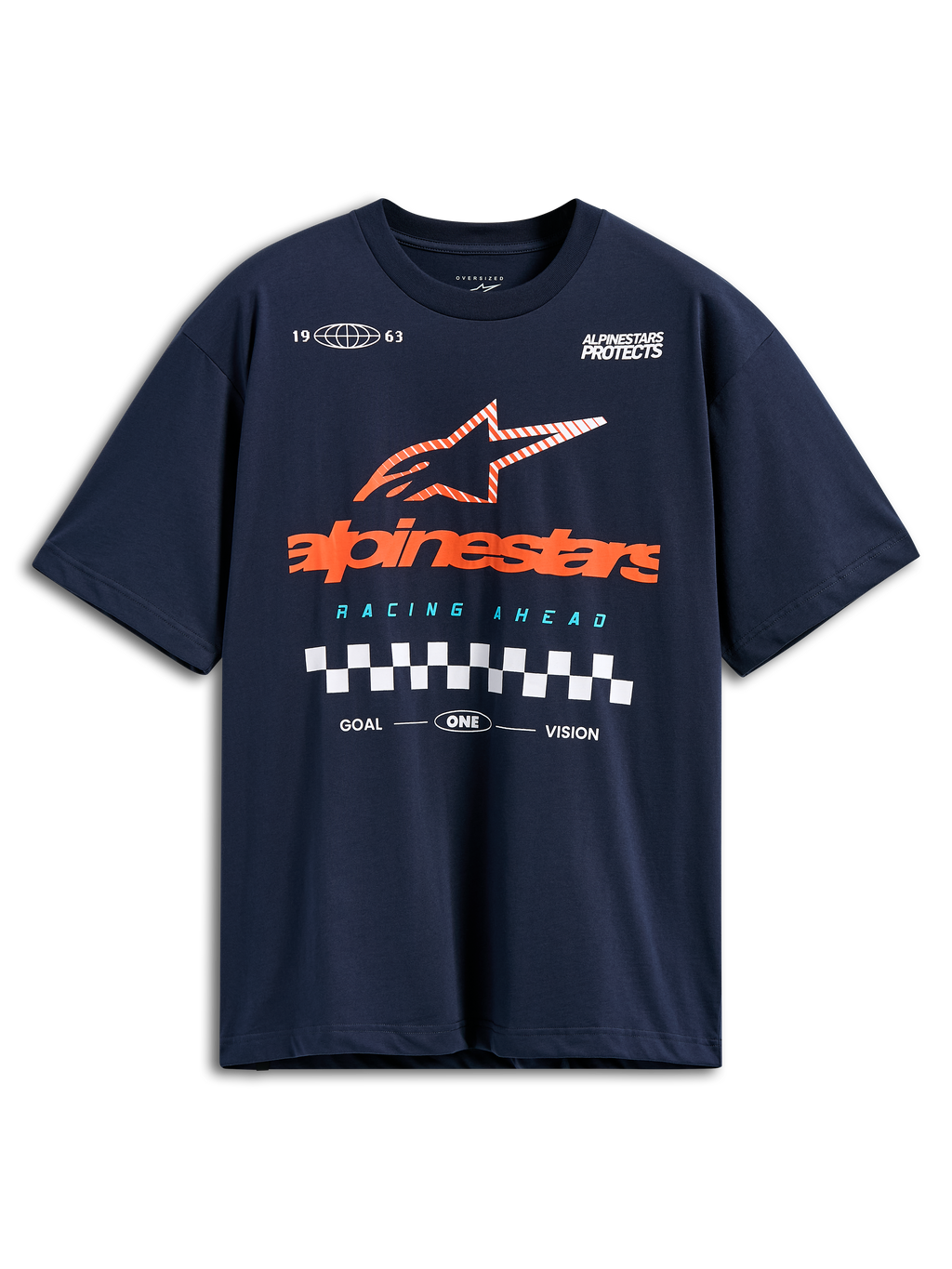Alpinestars Aplomb Oversized CSF Tee, T-shirt met korte mouwen, marineblauw, groot oranje Alpinestars-logo met gestreepte ster en geblokte vlag, casual motorsport streetwear