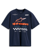 Alpinestars Aplomb Oversized CSF Tee, T-shirt met korte mouwen, marineblauw, groot oranje Alpinestars-logo met gestreepte ster en geblokte vlag, casual motorsport streetwear