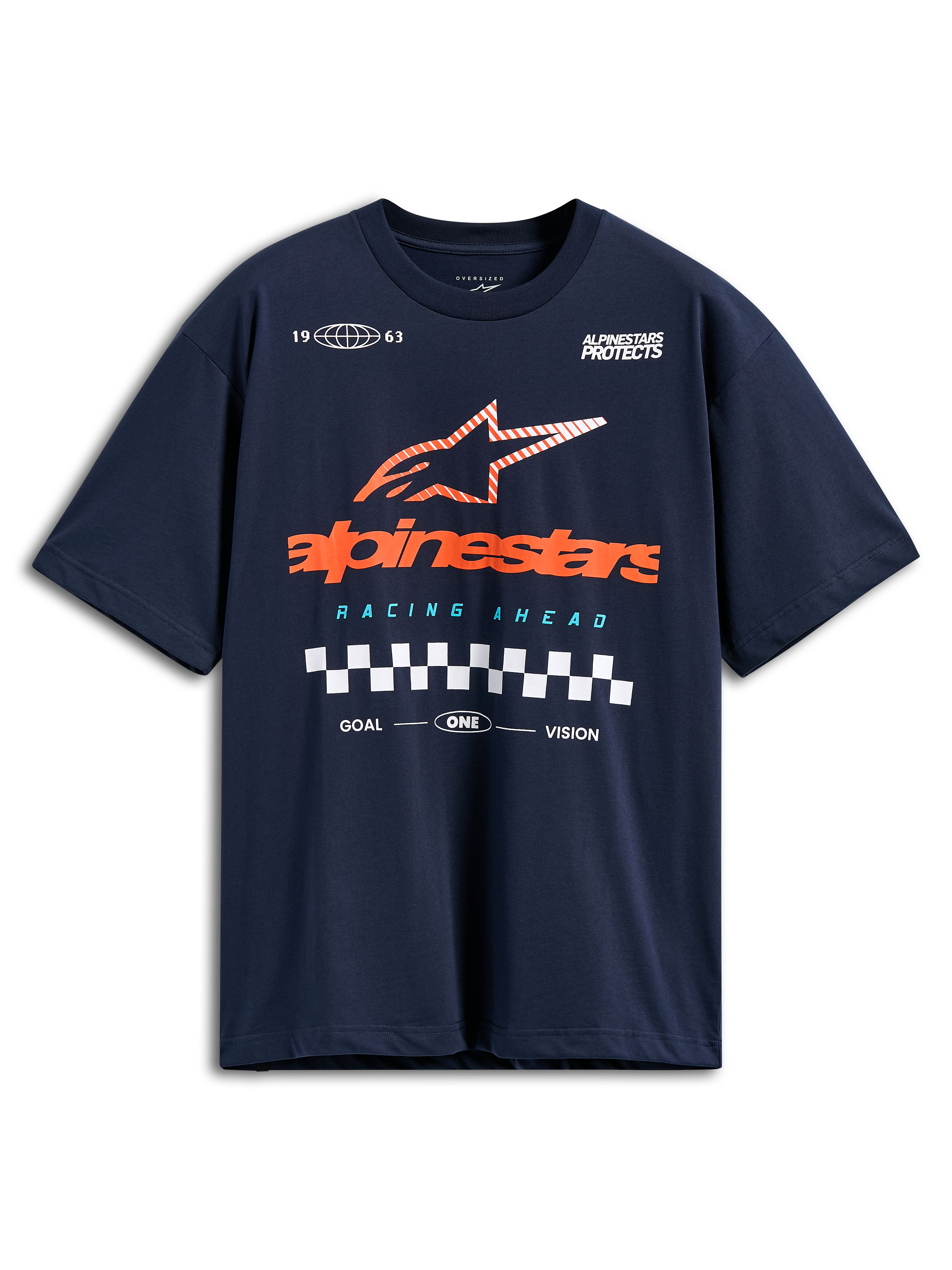 Alpinestars Aplomb Oversized CSF Tee, T-shirt met korte mouwen, marineblauw, groot oranje Alpinestars-logo met gestreepte ster en geblokte vlag, casual motorsport streetwear