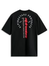 Alpinestars Overhang Oversized CSF Tee, Short Sleeve T-Shirt, Black, Back View with Red Vertical Wordmark and Grey 'Alpinestars Protects' Graphic, Casual Motorsport Streetwear