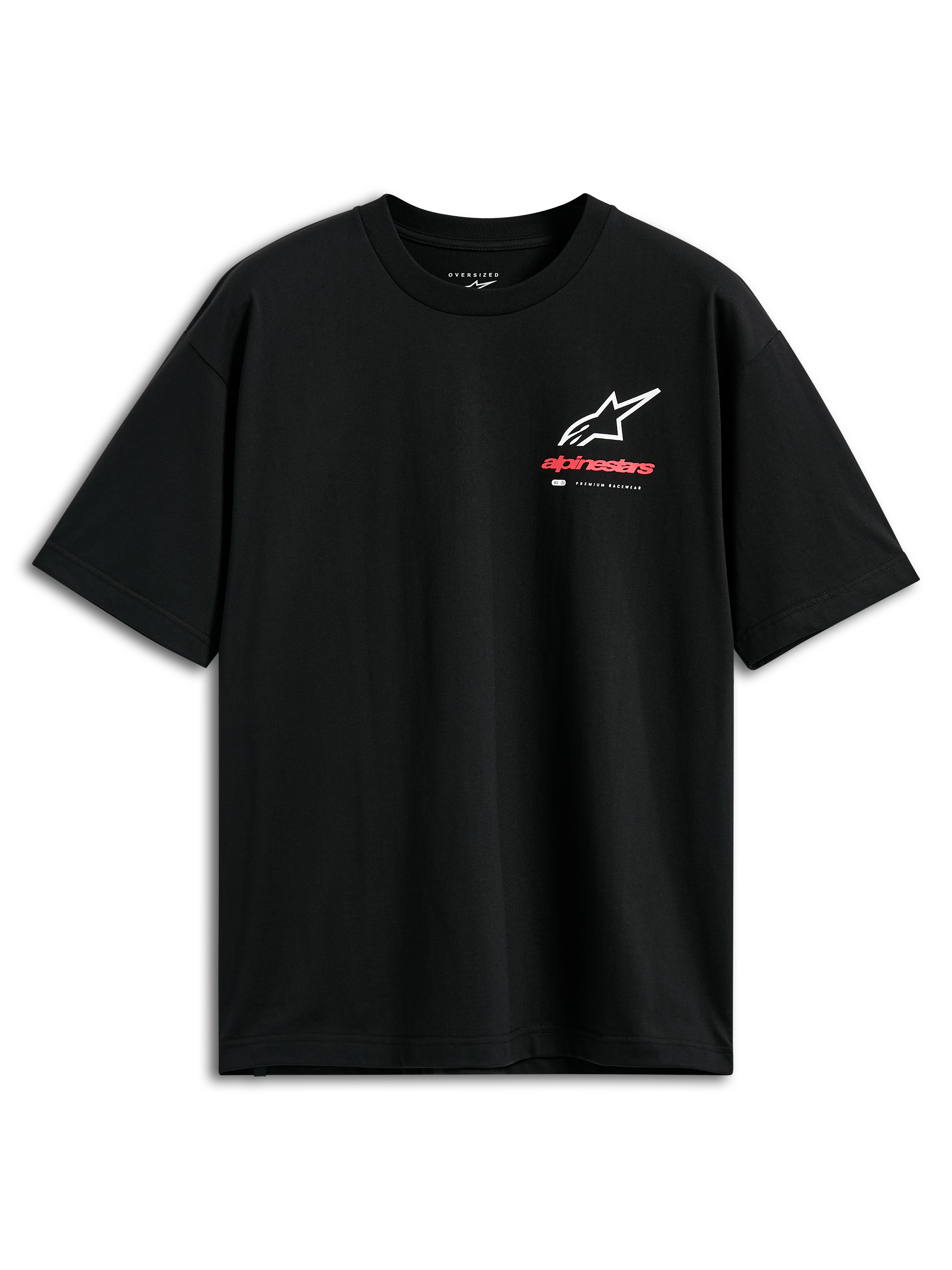 T-shirt Alpinestars Overhang Oversized CSF, t-shirt à manches courtes, noir, logo Astars blanc et rouge avec marquage « Premium Racewear » sur le devant, coupe surdimensionnée, streetwear décontracté