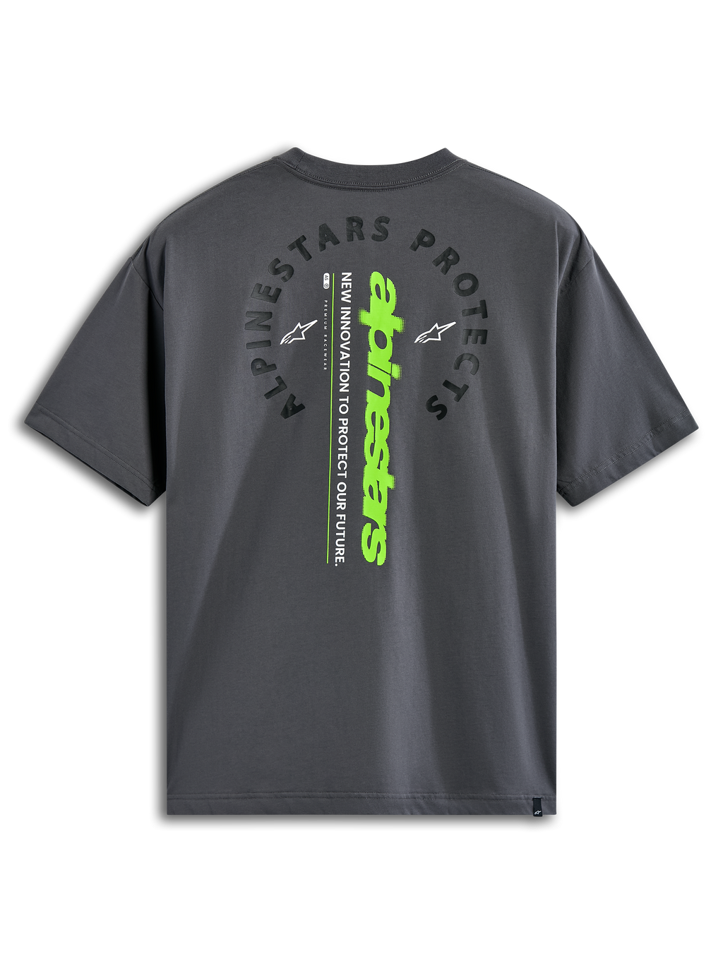 Alpinestars Overhang Oversized CSF Tee, T-shirt met korte mouwen, Charcoal, achteraanzicht met gebogen 'Alpinestars Protects' tekst en een verticaal limoengroen woordmerk, casual door motorsport geïnspireerde streetwear