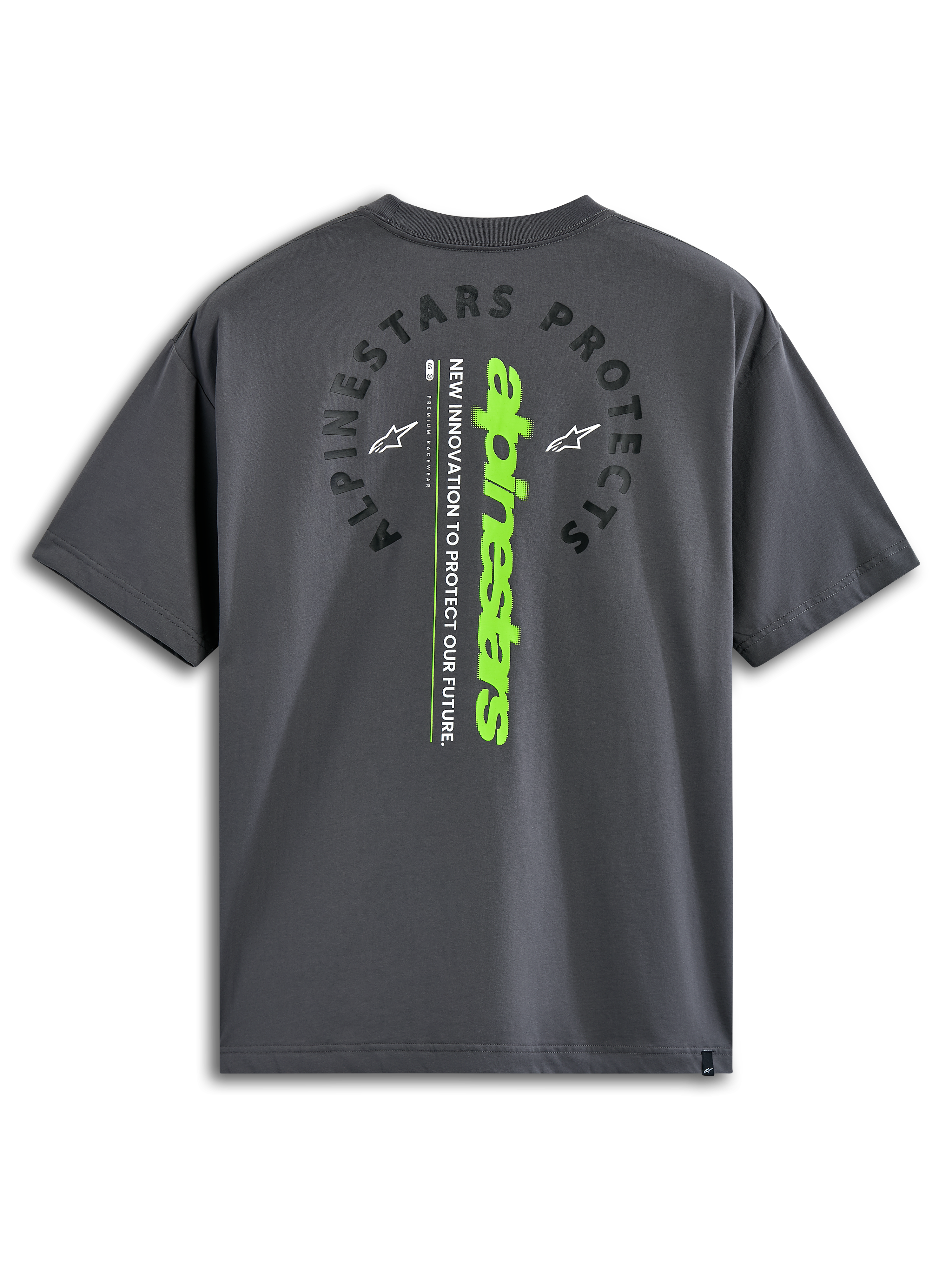 Alpinestars Overhang Oversized CSF Tee, T-shirt met korte mouwen, Charcoal, achteraanzicht met gebogen 'Alpinestars Protects' tekst en een verticaal limoengroen woordmerk, casual door motorsport geïnspireerde streetwear