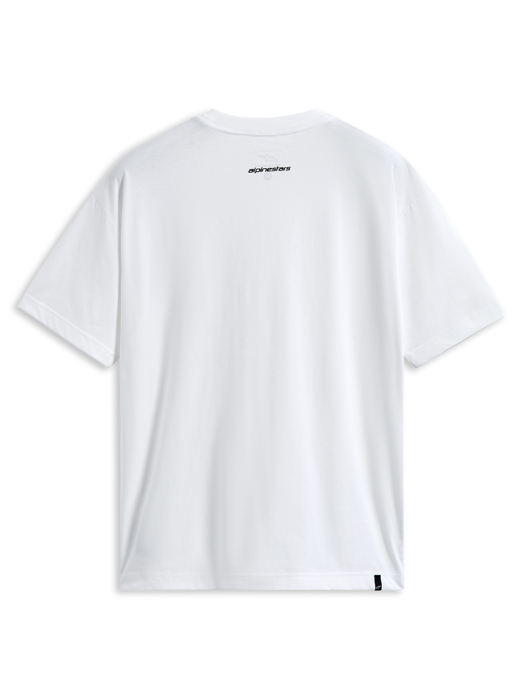 Alpinestars Focused Oversized CSF Tee, T-shirt met korte mouwen, wit, achteraanzicht met klein zwart Alpinestars woordlogo in de nek en extern label aan de zoom, casual motorsport streetwear