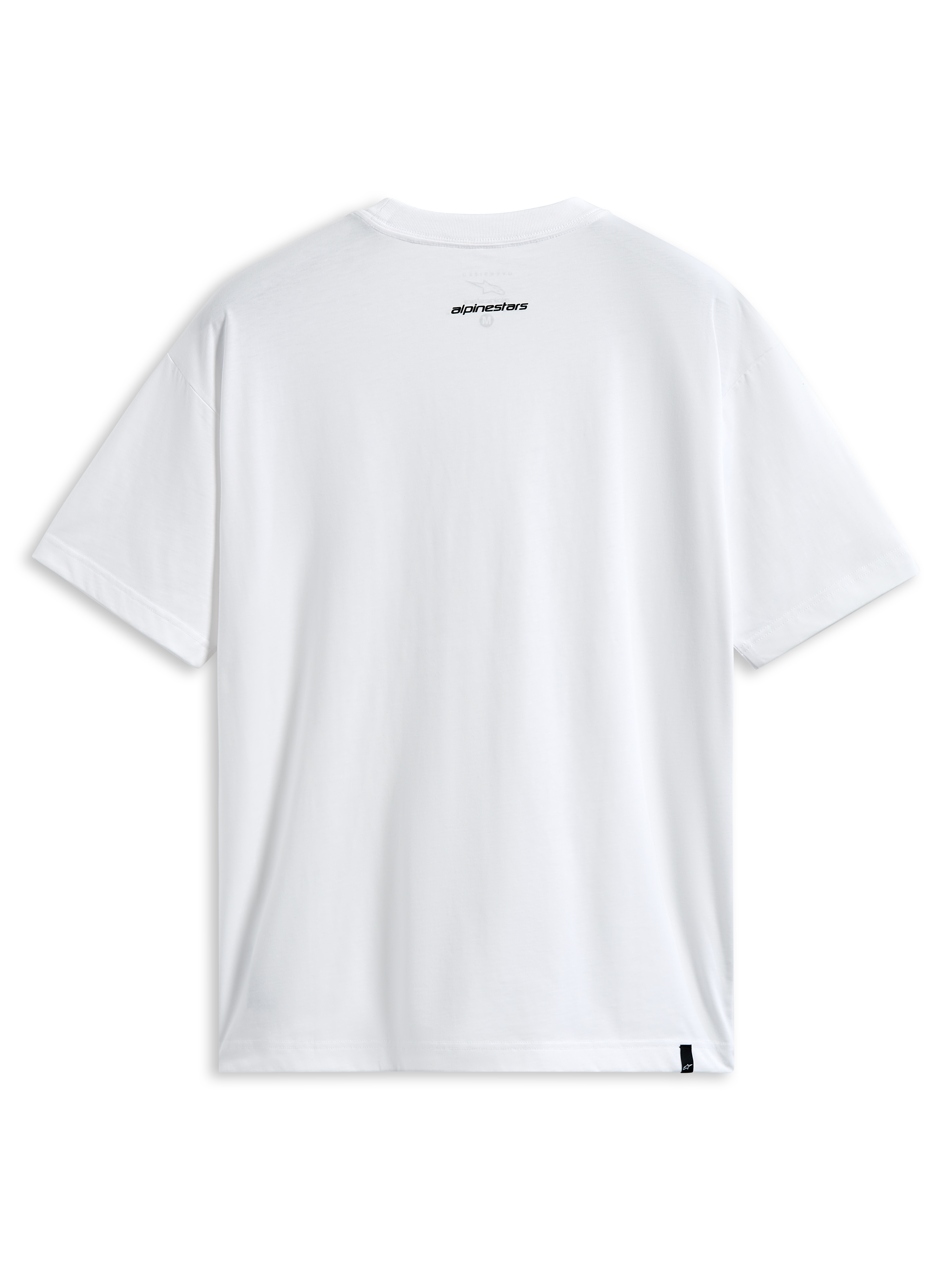 Alpinestars Focused Oversized CSF Tee, T-shirt met korte mouwen, wit, achteraanzicht met klein zwart Alpinestars woordlogo in de nek en extern label aan de zoom, casual motorsport streetwear