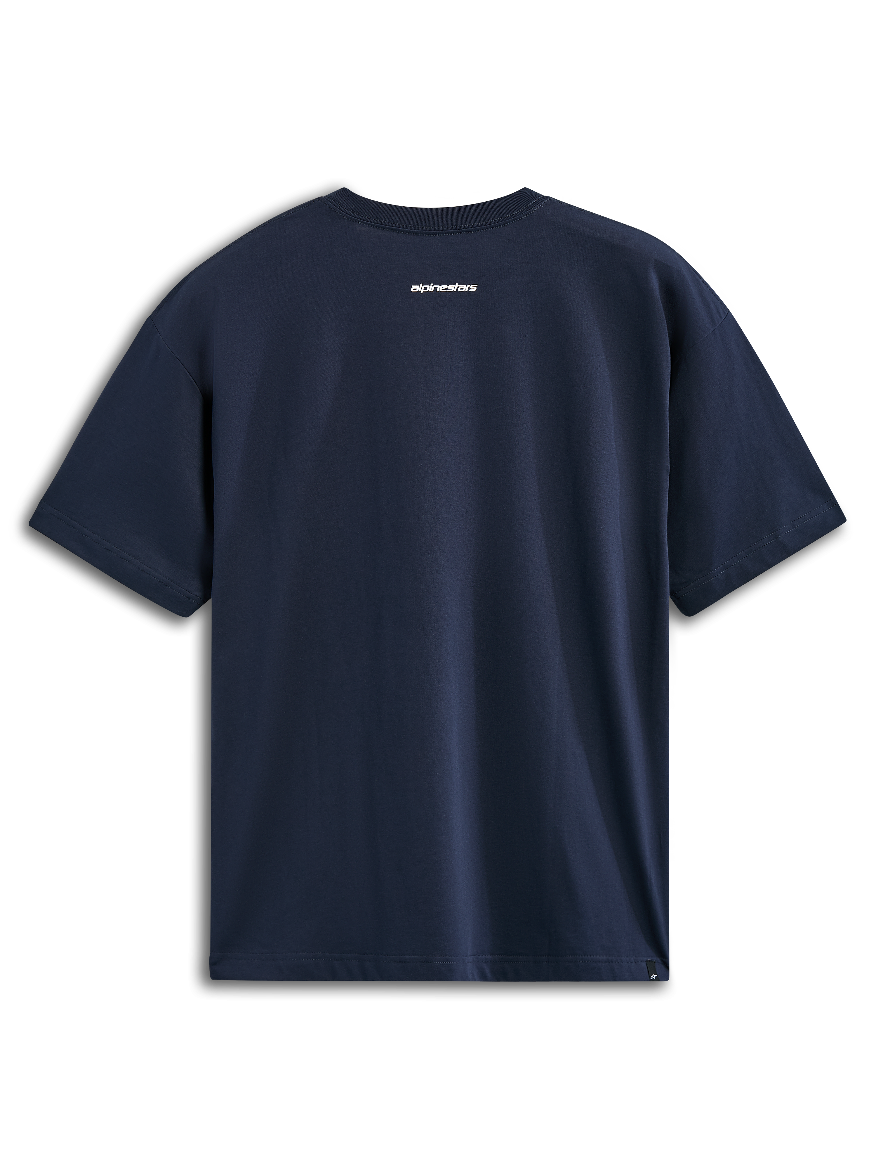 Alpinestars Focused Oversized CSF T-shirt, T-shirt met korte mouwen, navy, achteraanzicht met klein wit Alpinestars-woordlogo, casual motorsport streetwear