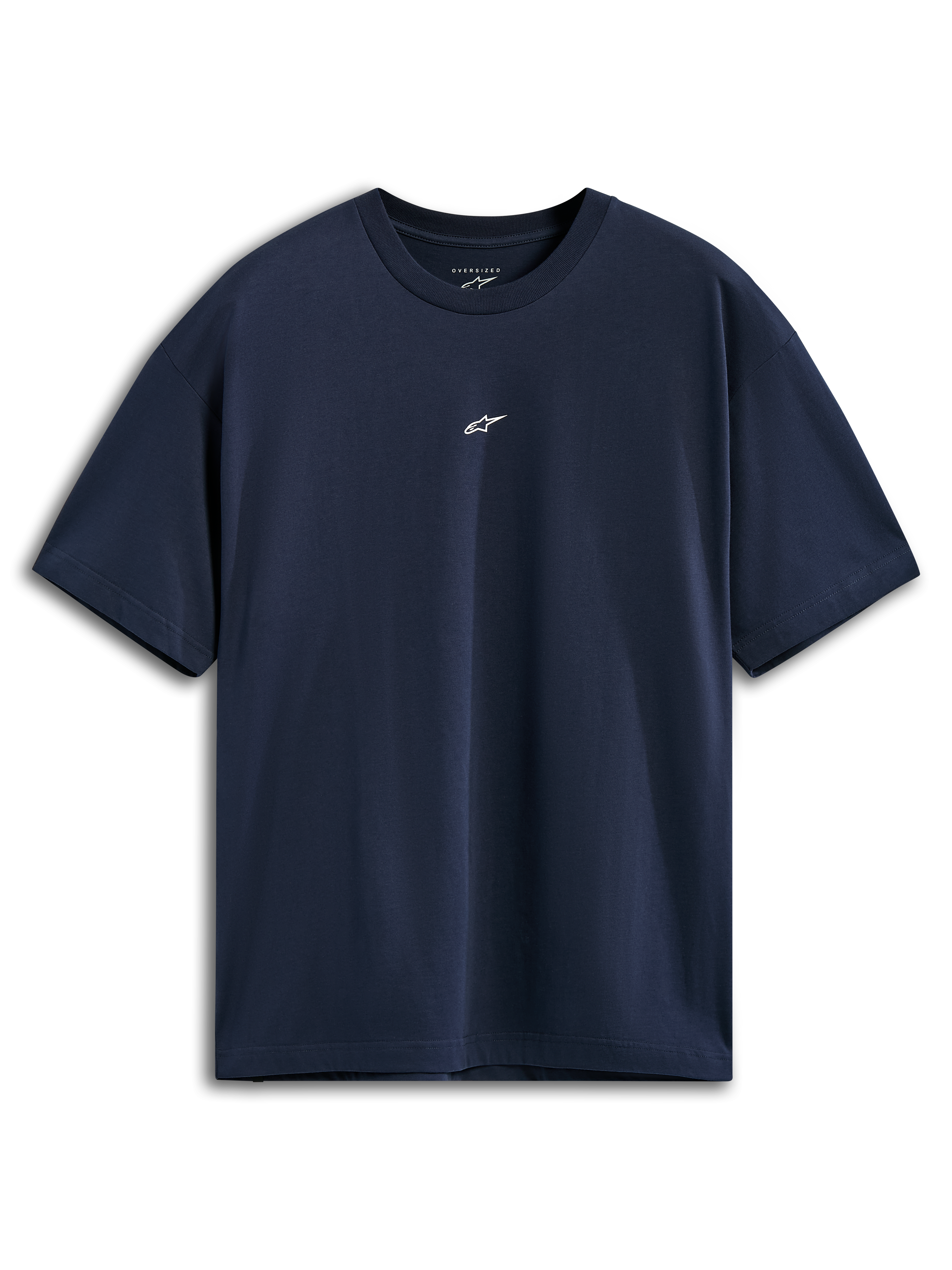 Alpinestars Focused Oversized CSF Tee, T-shirt met korte mouwen, marineblauw, klein wit Astars-logo midden op de borst, ontspannen oversized pasvorm, casual sportkleding