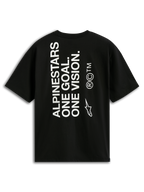 Alpinestars One Oversized CSF Tee, T-shirt met korte mouwen, zwart, achteraanzicht met verticale witte 'ALPINESTARS ONE GOAL. ONE VISION.' tekst en Astars-logo, casual motorsport streetwear