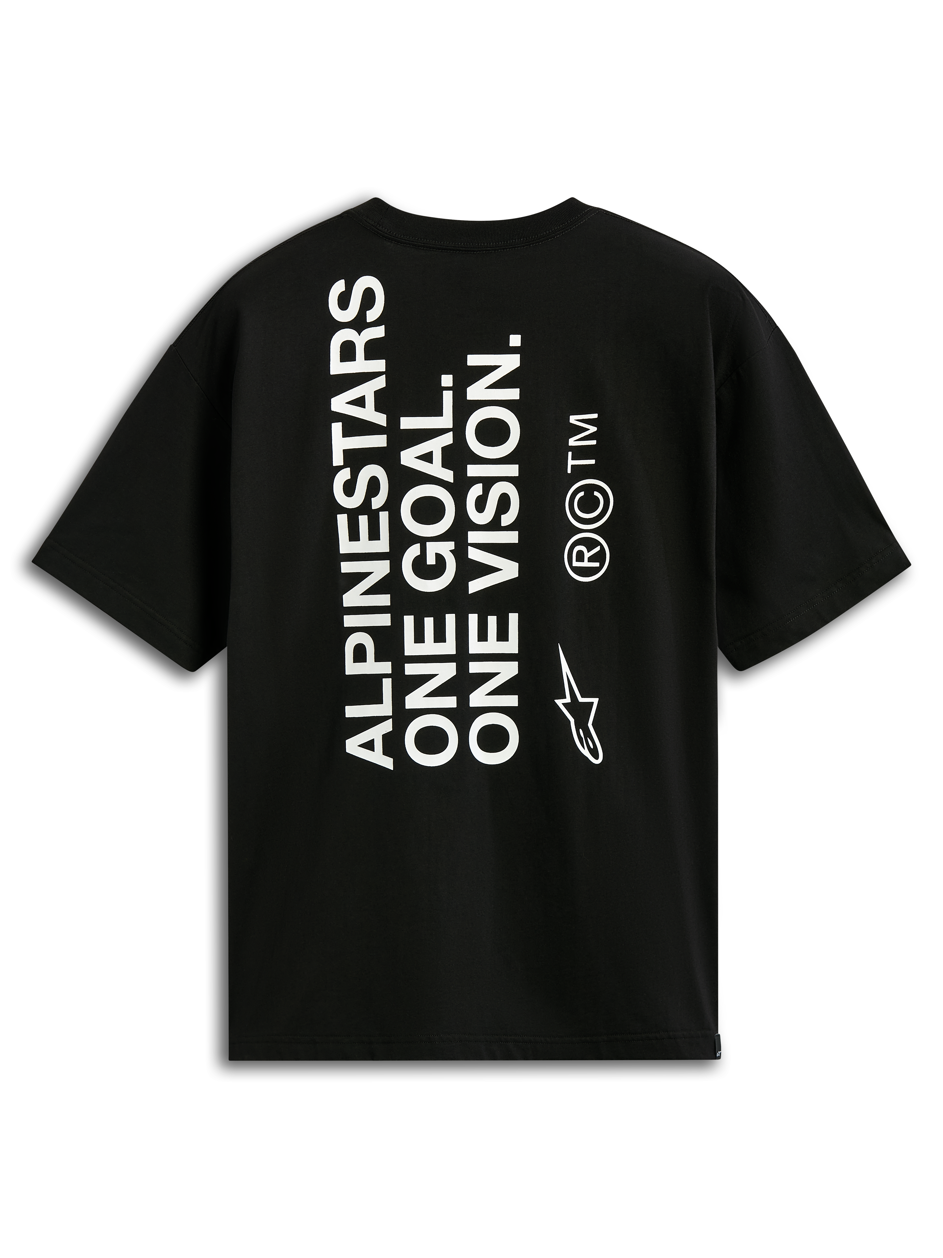 Alpinestars One Oversized CSF Tee, T-shirt met korte mouwen, zwart, achteraanzicht met verticale witte 'ALPINESTARS ONE GOAL. ONE VISION.' tekst en Astars-logo, casual motorsport streetwear