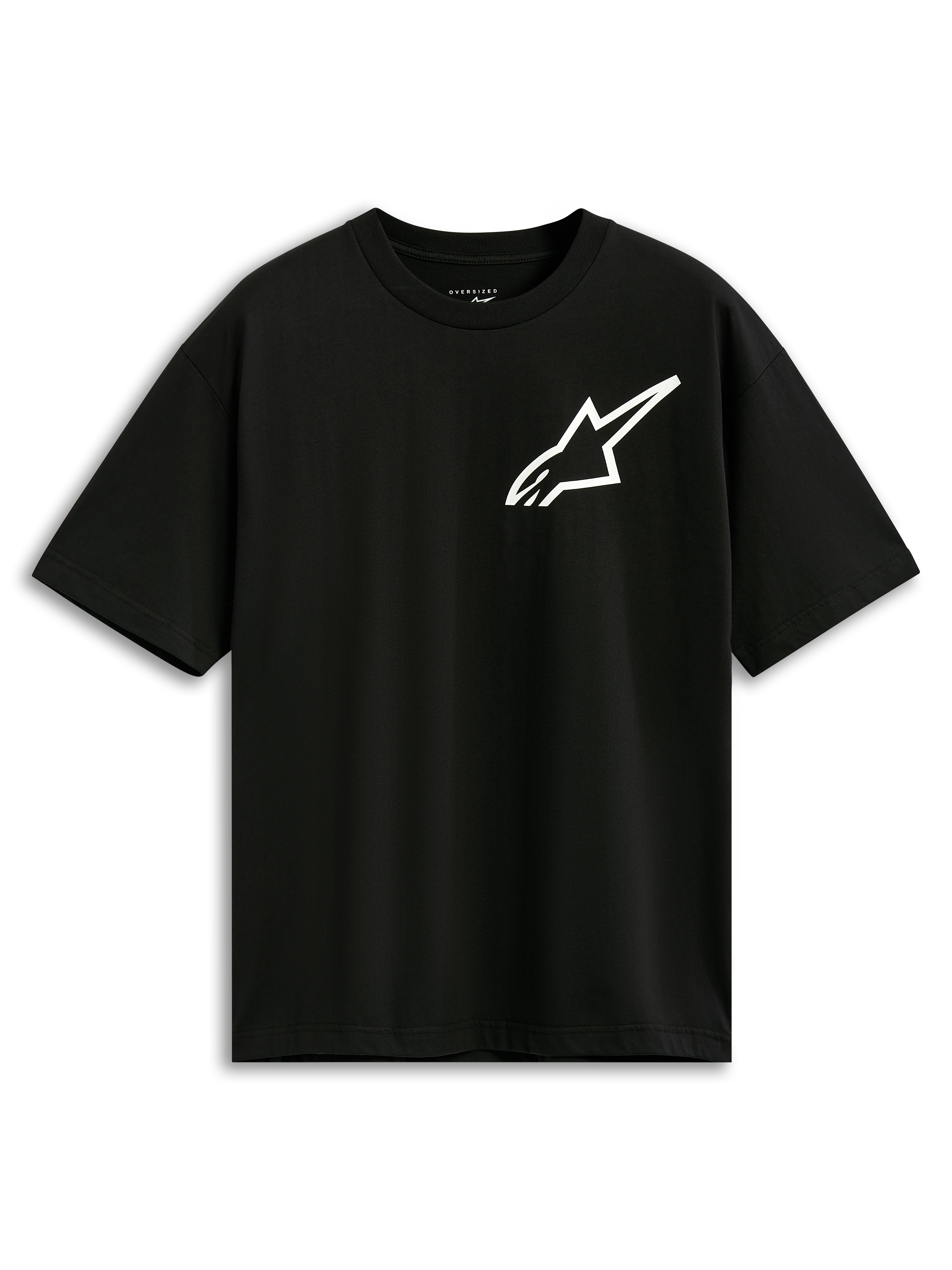 Alpinestars One Oversized CSF Tee, T-shirt met korte mouwen, zwart, wit Astars-logo op de borst, oversized pasvorm, casual motorsport-geïnspireerde streetwear