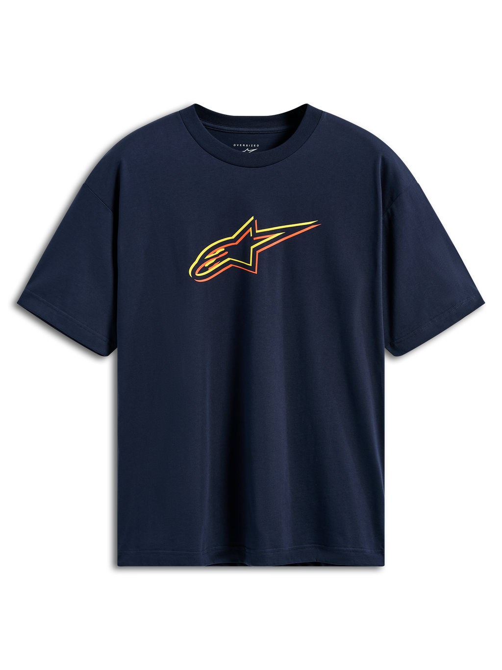 Alpinestars Alter Oversized CSF Tee, T-shirt met korte mouwen, donkerblauw, Astars-logo met gele, oranje en rode kleur-offset contouren, casual motorsport streetwear