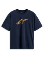 Alpinestars Alter Oversized CSF Tee, T-shirt met korte mouwen, donkerblauw, Astars-logo met gele, oranje en rode kleur-offset contouren, casual motorsport streetwear