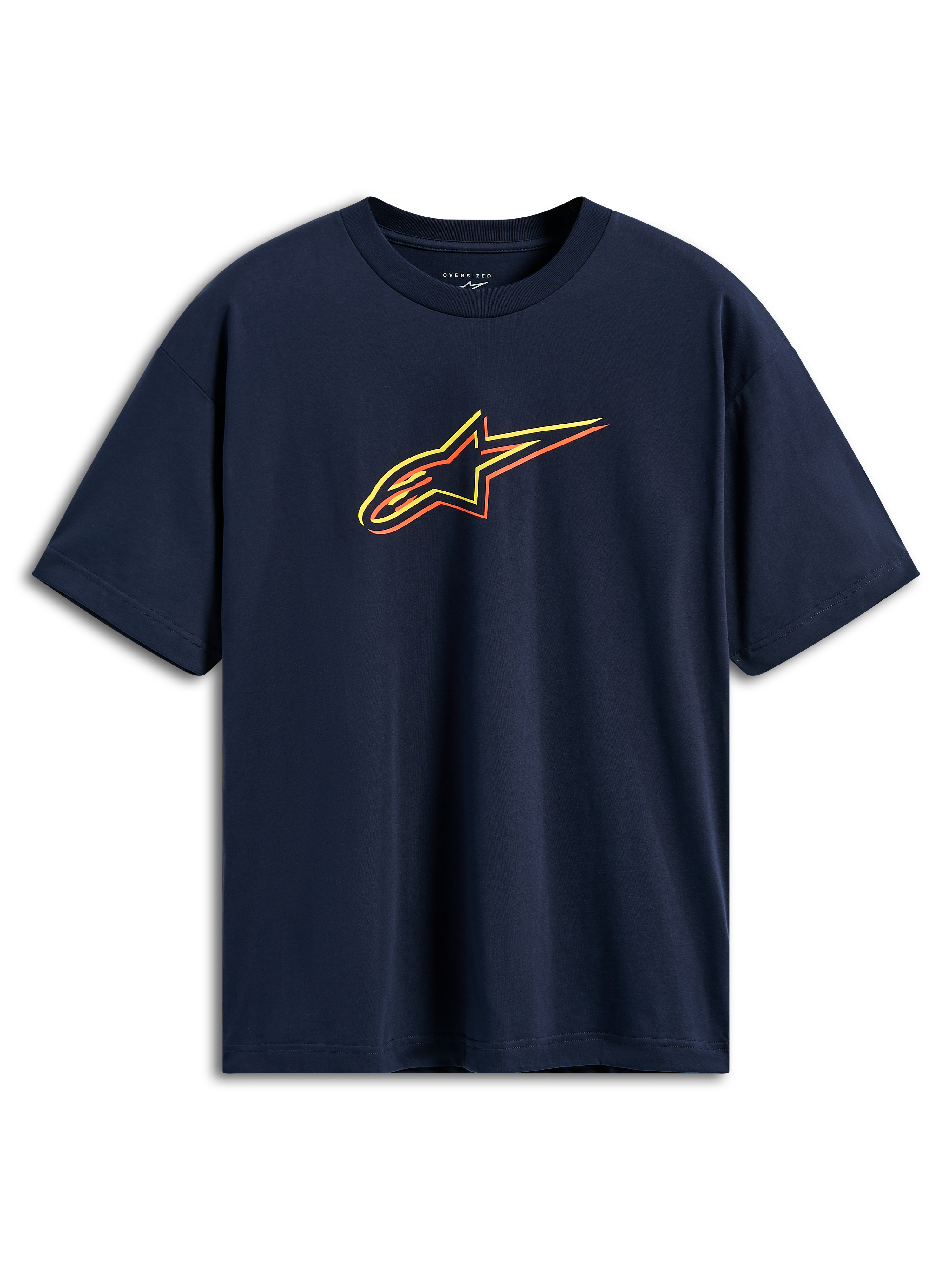 Alpinestars Alter Oversized CSF Tee, T-shirt met korte mouwen, donkerblauw, Astars-logo met gele, oranje en rode kleur-offset contouren, casual motorsport streetwear
