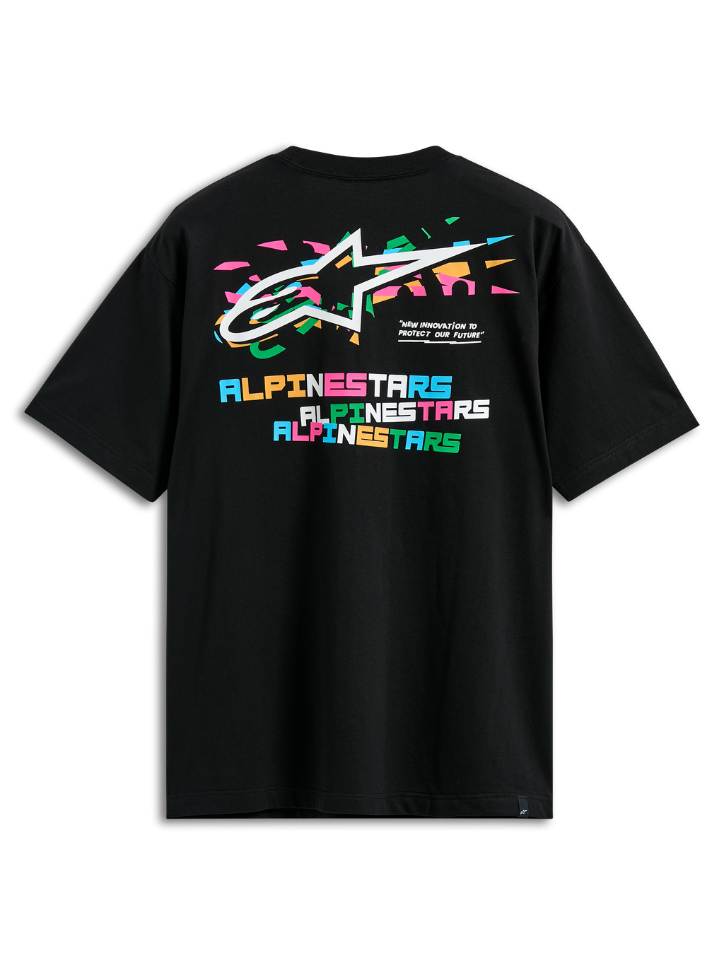 Alpinestars Wild Oversized CSF Tee, T-shirt met korte mouwen, zwart, achteraanzicht met levendig meerkleurig Astars-logo en gestapelde Alpinestars-blokletters, casual streetwear
