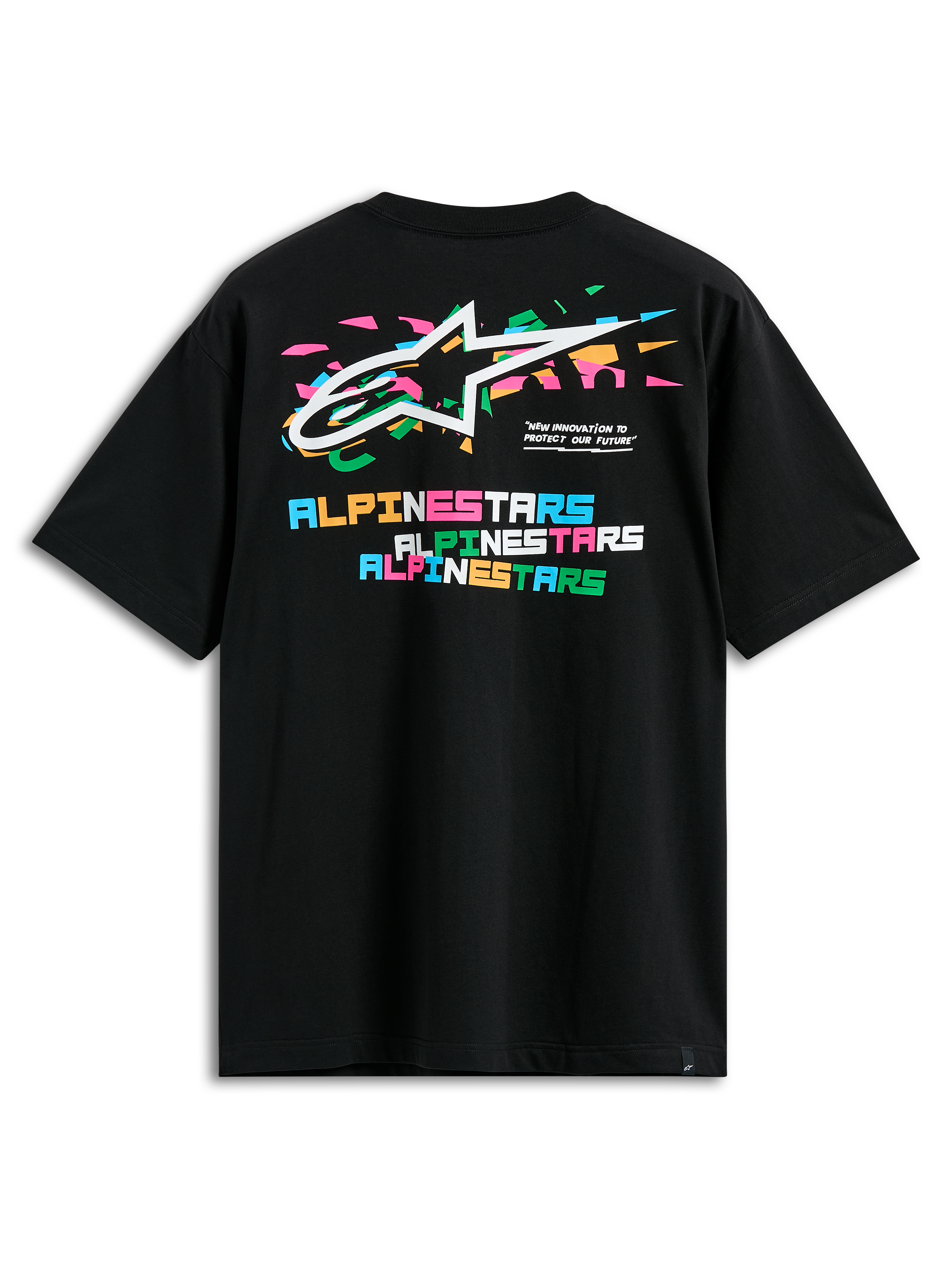 Alpinestars Wild Oversized CSF Tee, T-shirt met korte mouwen, zwart, achteraanzicht met levendig meerkleurig Astars-logo en gestapelde Alpinestars-blokletters, casual streetwear