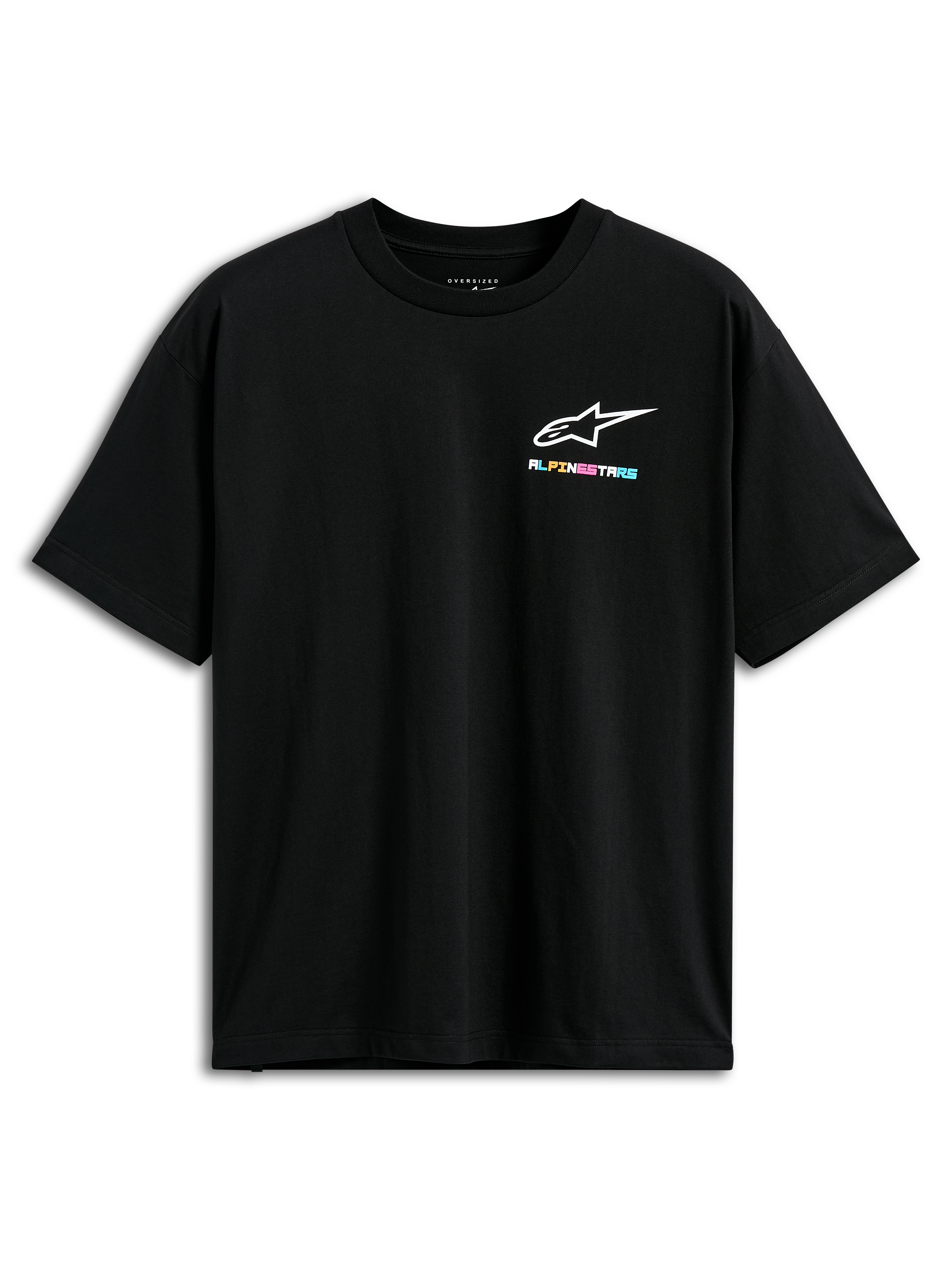 Alpinestars Wild Oversized CSF Tee, T-shirt met korte mouwen, zwart, met een klein levendig meerkleurig Alpinestars-logo op de borst, oversized pasvorm, casual streetwear
