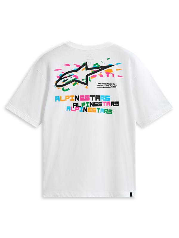 Alpinestars Wild Oversized CSF T-Shirt, weißes Kurzarm-T-Shirt, Rückansicht mit lebendiger mehrfarbiger Logo-Grafik und Textprint, Sportswear.