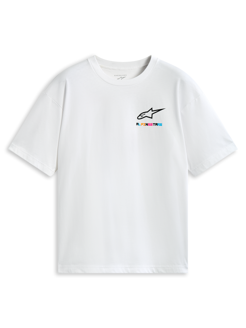Alpinestars Wild Oversized CSF T-Shirt, weißes Kurzarm-Sportswear-T-Shirt mit lebendigem mehrfarbigem Astars-Brustlogo und relaxter Oversized-Passform.