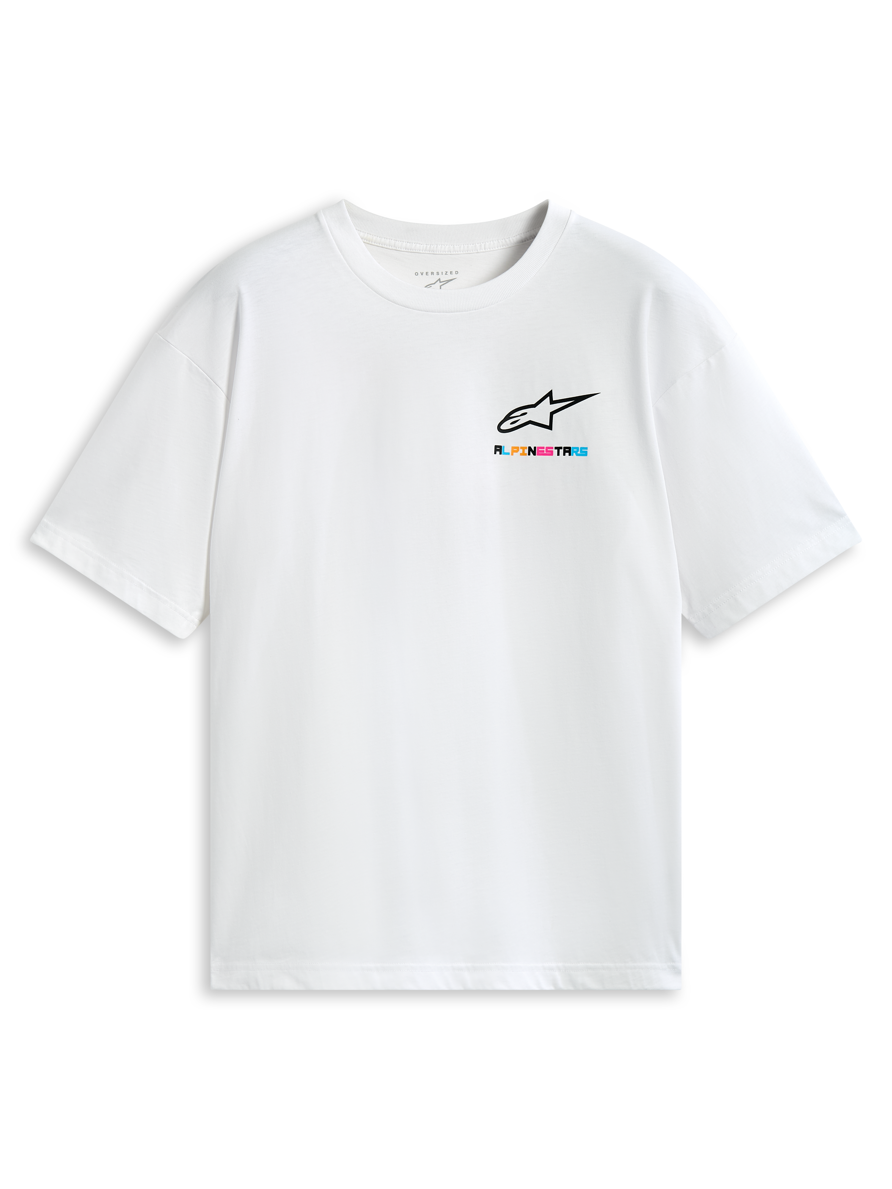 Alpinestars Wild Oversized CSF T-Shirt, weißes Kurzarm-Sportswear-T-Shirt mit lebendigem mehrfarbigem Astars-Brustlogo und relaxter Oversized-Passform.