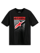 T-shirt Alpinestars Noka CSF, t-shirt à manches courtes, noir, texte Alpinestars et logo Star rouges avec graphisme dégradé MX gris, streetwear décontracté inspiré du sport automobile