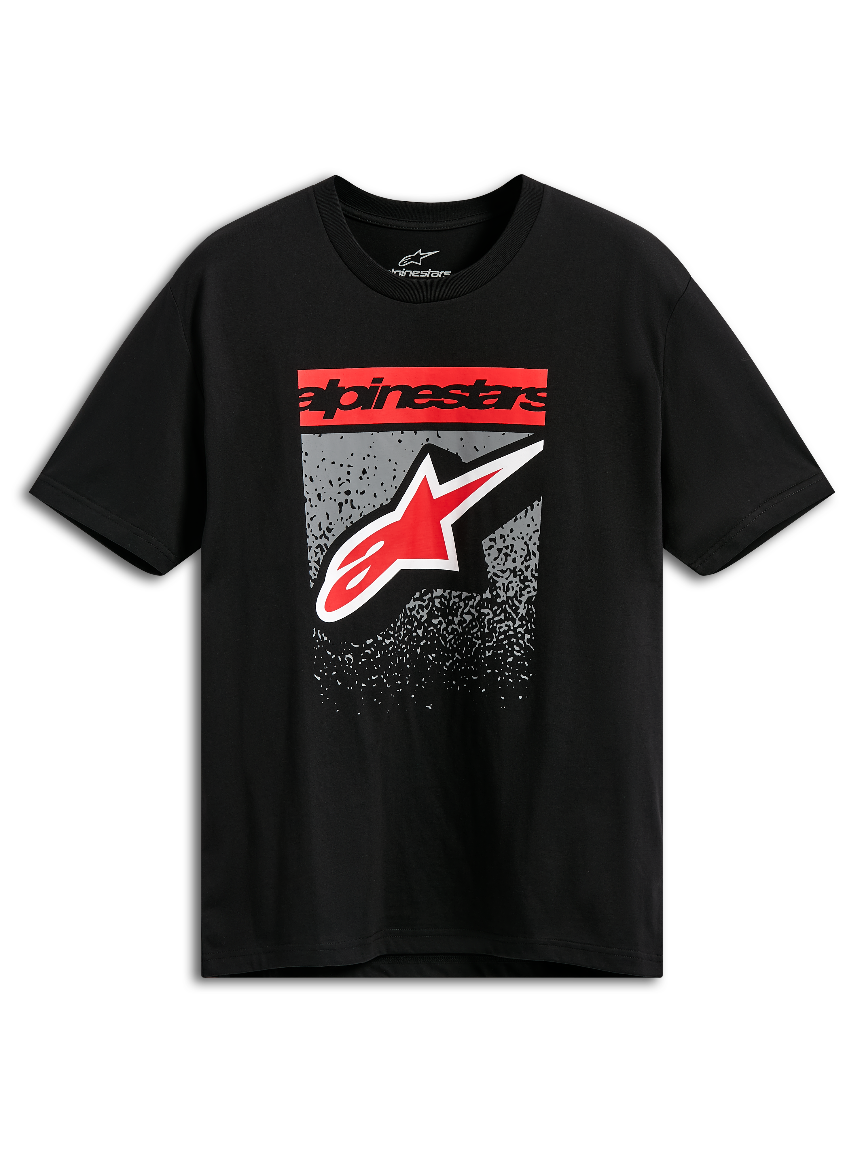 Alpinestars Noka CSF Tee, T-shirt met korte mouwen, zwart, rode Alpinestars-bloktekst en sterlogo met grijze grafische MX-verloopprint, casual motorsport streetwear