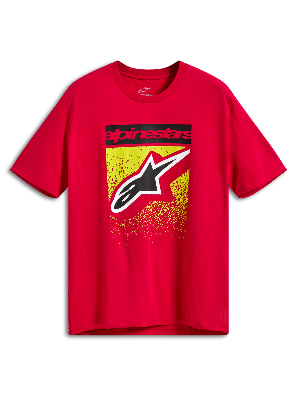 Alpinestars Noka CSF Tee, T-shirt met korte mouwen, rood, grafische print op de voorzijde met zwarte Alpinestars-tekstbalk en groot Astars-logo over een geel en rood MX-kleurverloop met spatter-effect, casual motorsport sportkleding