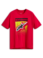 Alpinestars Noka CSF Tee, T-shirt met korte mouwen, rood, grafische print op de voorzijde met zwarte Alpinestars-tekstbalk en groot Astars-logo over een geel en rood MX-kleurverloop met spatter-effect, casual motorsport sportkleding