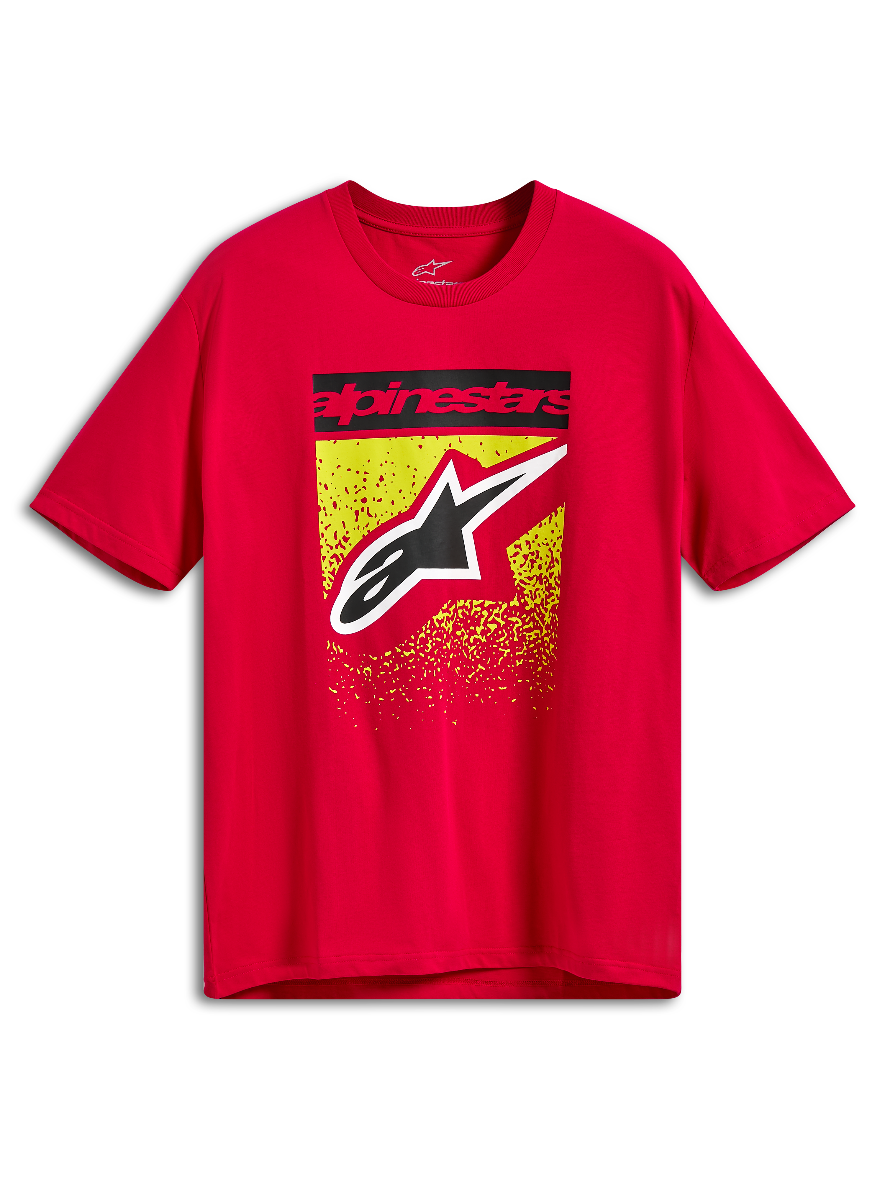 Alpinestars Noka CSF Tee, T-shirt met korte mouwen, rood, grafische print op de voorzijde met zwarte Alpinestars-tekstbalk en groot Astars-logo over een geel en rood MX-kleurverloop met spatter-effect, casual motorsport sportkleding