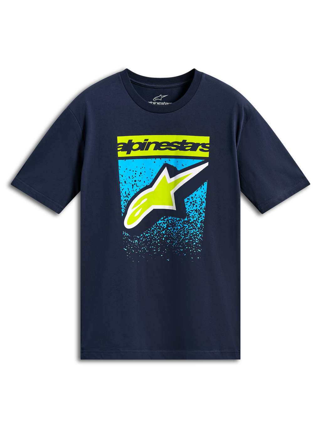 Alpinestars Noka CSF Tee, T-shirt met korte mouwen, navy, limoengroen woordmerk en Astars-logo met blauwe gradient graphic, casual motorsport streetwear