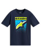 Alpinestars Noka CSF Tee, T-shirt met korte mouwen, navy, limoengroen woordmerk en Astars-logo met blauwe gradient graphic, casual motorsport streetwear