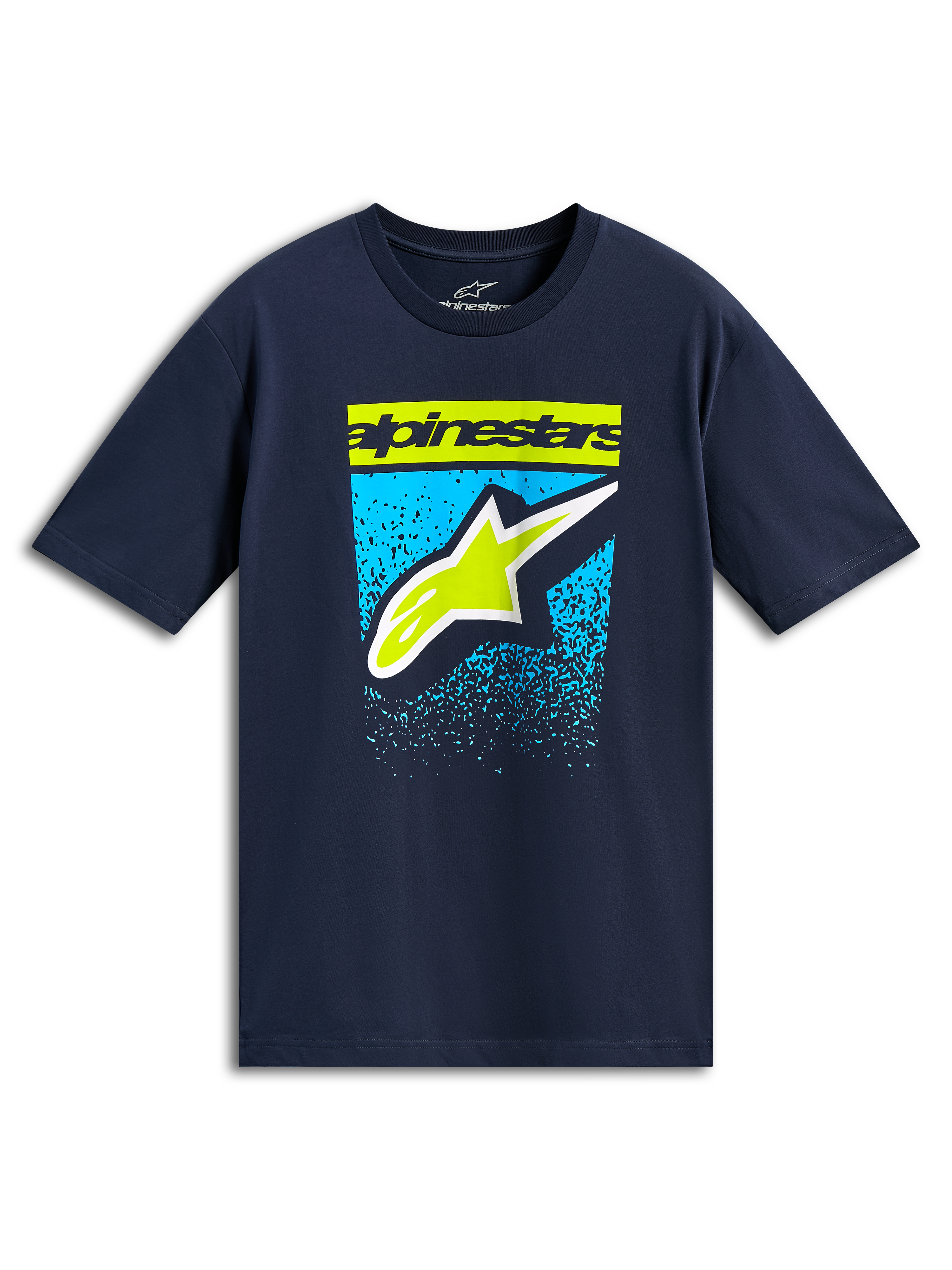 Alpinestars Noka CSF Tee, T-shirt met korte mouwen, navy, limoengroen woordmerk en Astars-logo met blauwe gradient graphic, casual motorsport streetwear