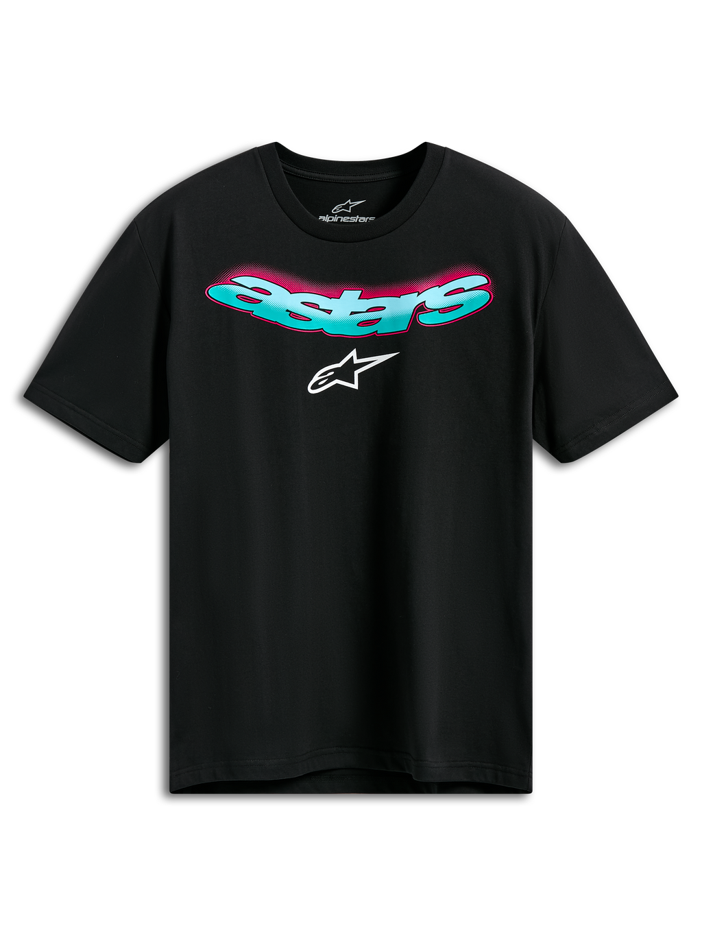 Alpinestars Ellipsoid CSF Tee, T-shirt met korte mouwen, zwart, gebogen tealkleurig Astars-woordmerk met roze kleurverloop en wit logo, casual motorsport sportkleding