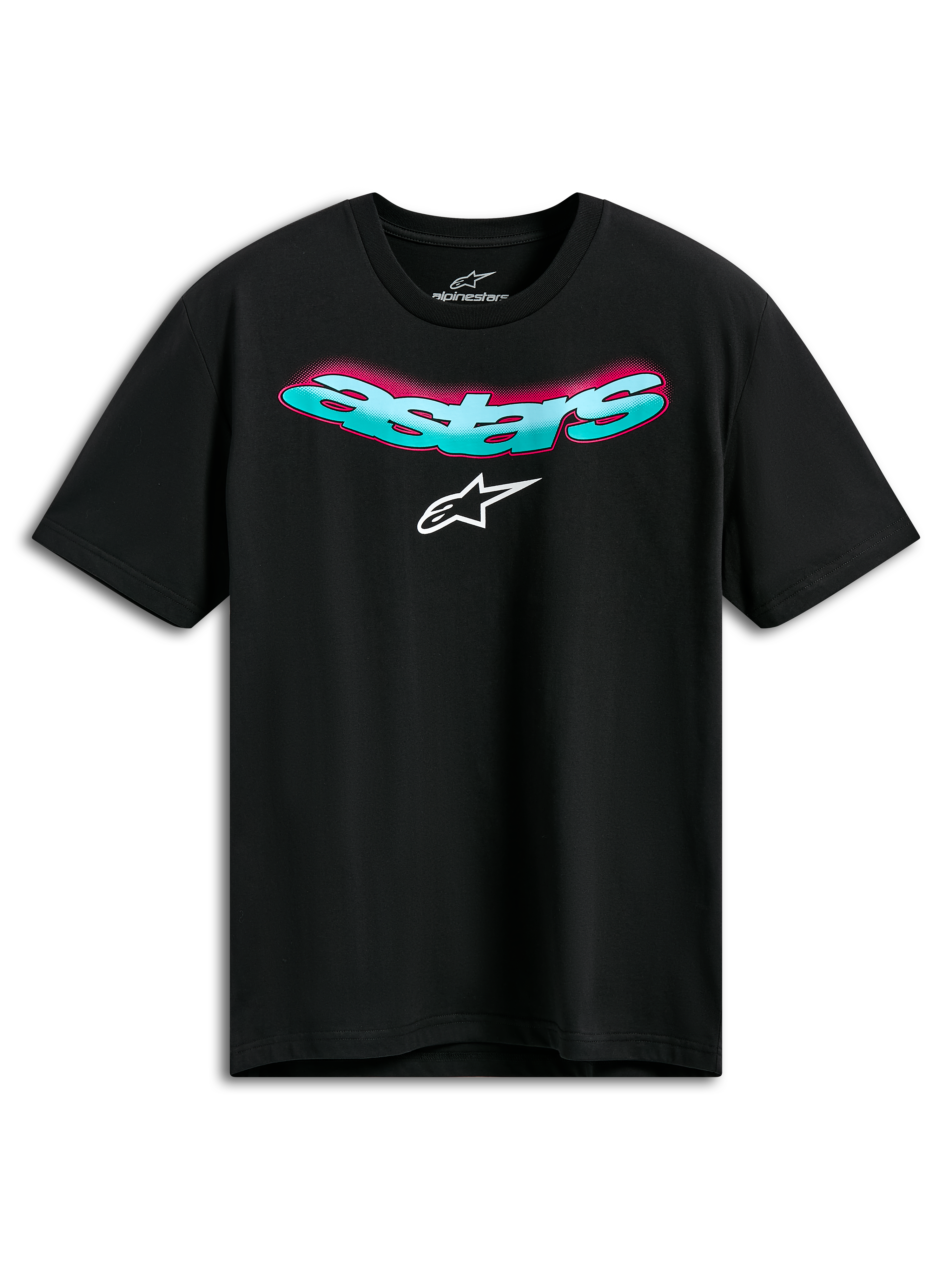 Alpinestars Ellipsoid CSF Tee, T-shirt met korte mouwen, zwart, gebogen tealkleurig Astars-woordmerk met roze kleurverloop en wit logo, casual motorsport sportkleding