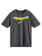 T-shirt Alpinestars Ellipsoid CSF, t-shirt à manches courtes, gris anthracite, mot Astars incurvé à l'avant avec dégradé orange et jaune et détails en demi-teinte bleus, logo Alpinestars blanc, sportswear décontracté