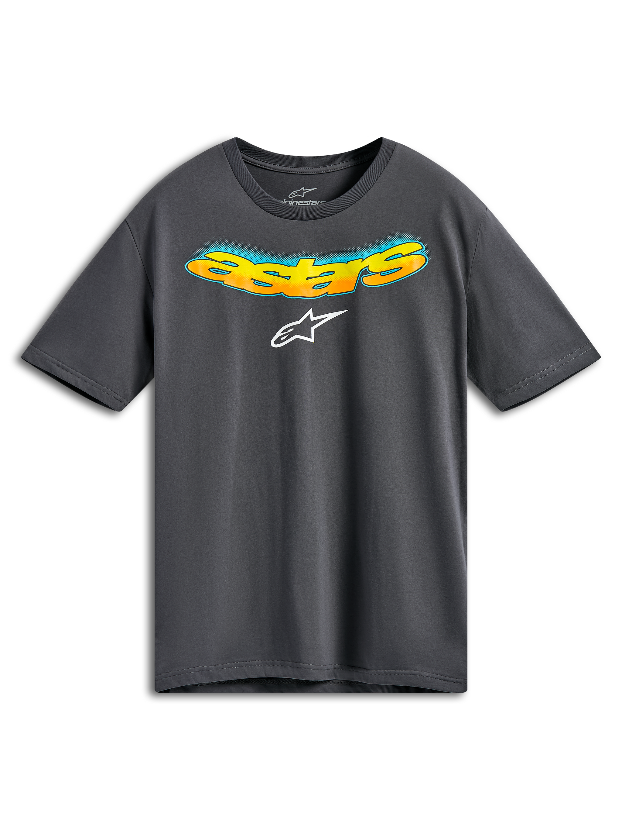 Alpinestars Ellipsoid CSF Tee, Short Sleeve T-Shirt, Charcoal Gray, Front Curved Astars Word with Orange and Yellow Gradient and Blue Halftone Detail, White Alpinestars Logo, Casual Sportswear