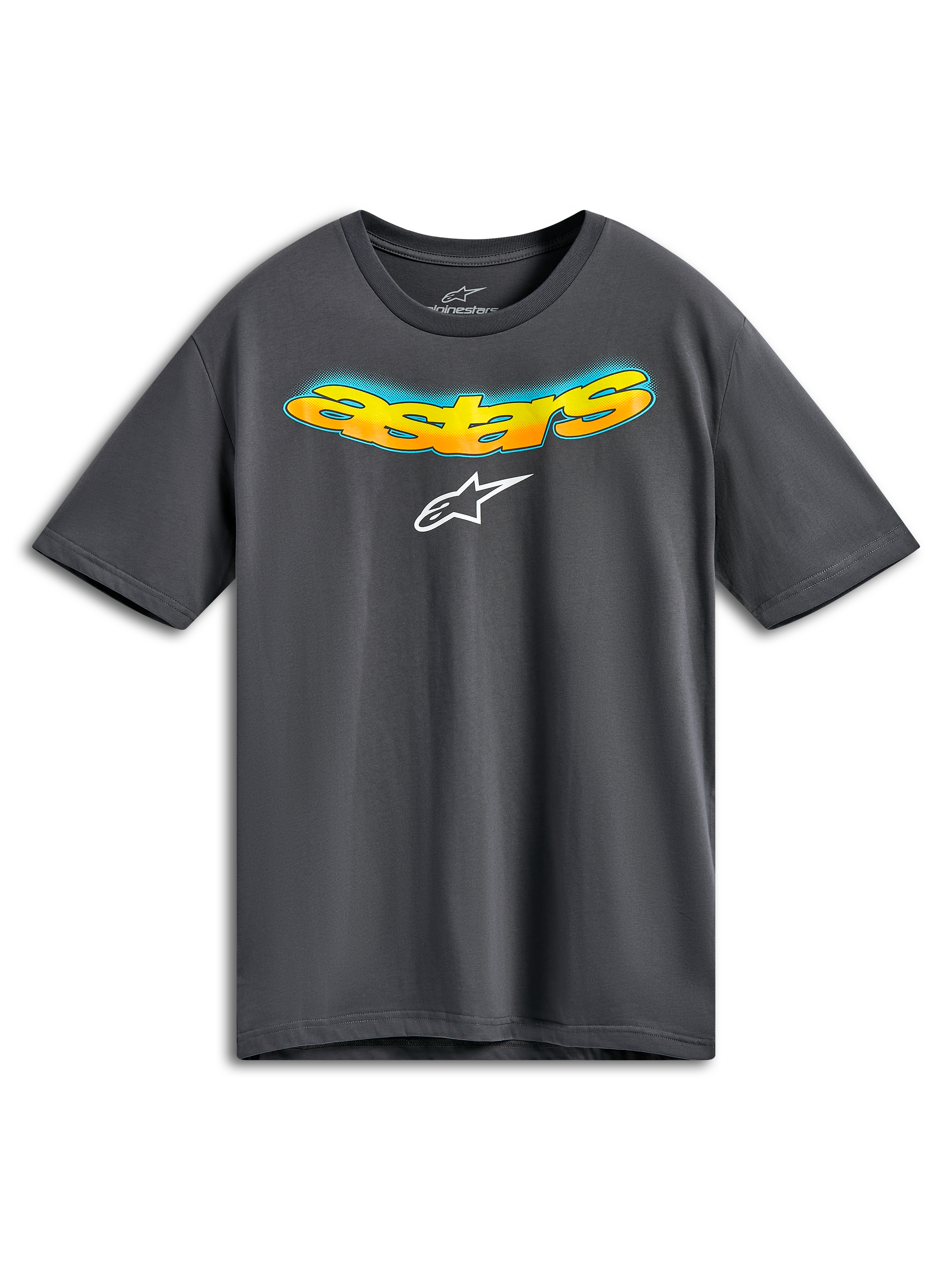 T-shirt Alpinestars Ellipsoid CSF, t-shirt à manches courtes, gris anthracite, mot Astars incurvé à l'avant avec dégradé orange et jaune et détails en demi-teinte bleus, logo Alpinestars blanc, sportswear décontracté