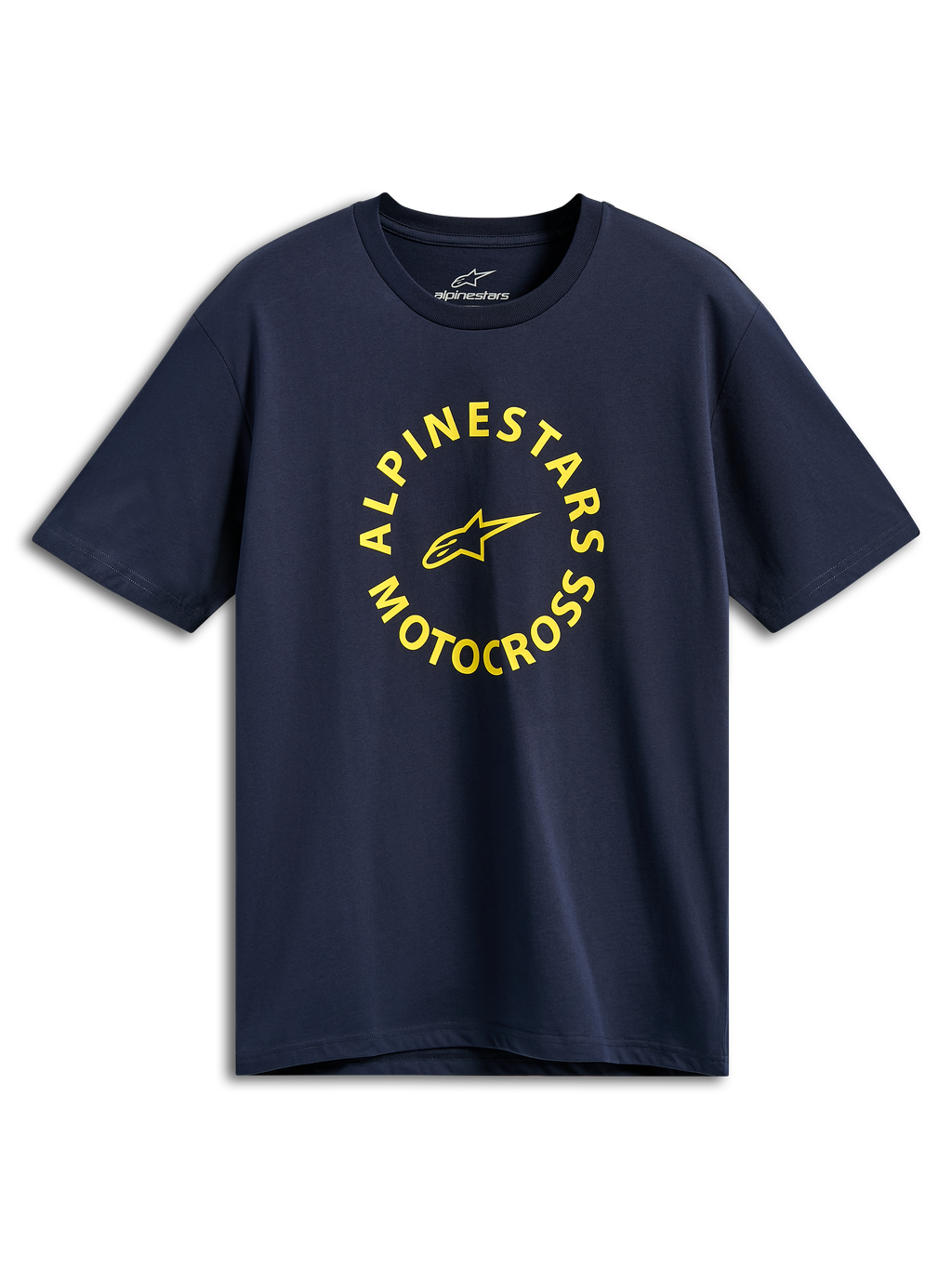 Alpinestars MX CSF Tee, T-shirt met korte mouwen, marineblauw, gele ronde Alpinestars Motocross-grafiek, casual motorsport streetwear