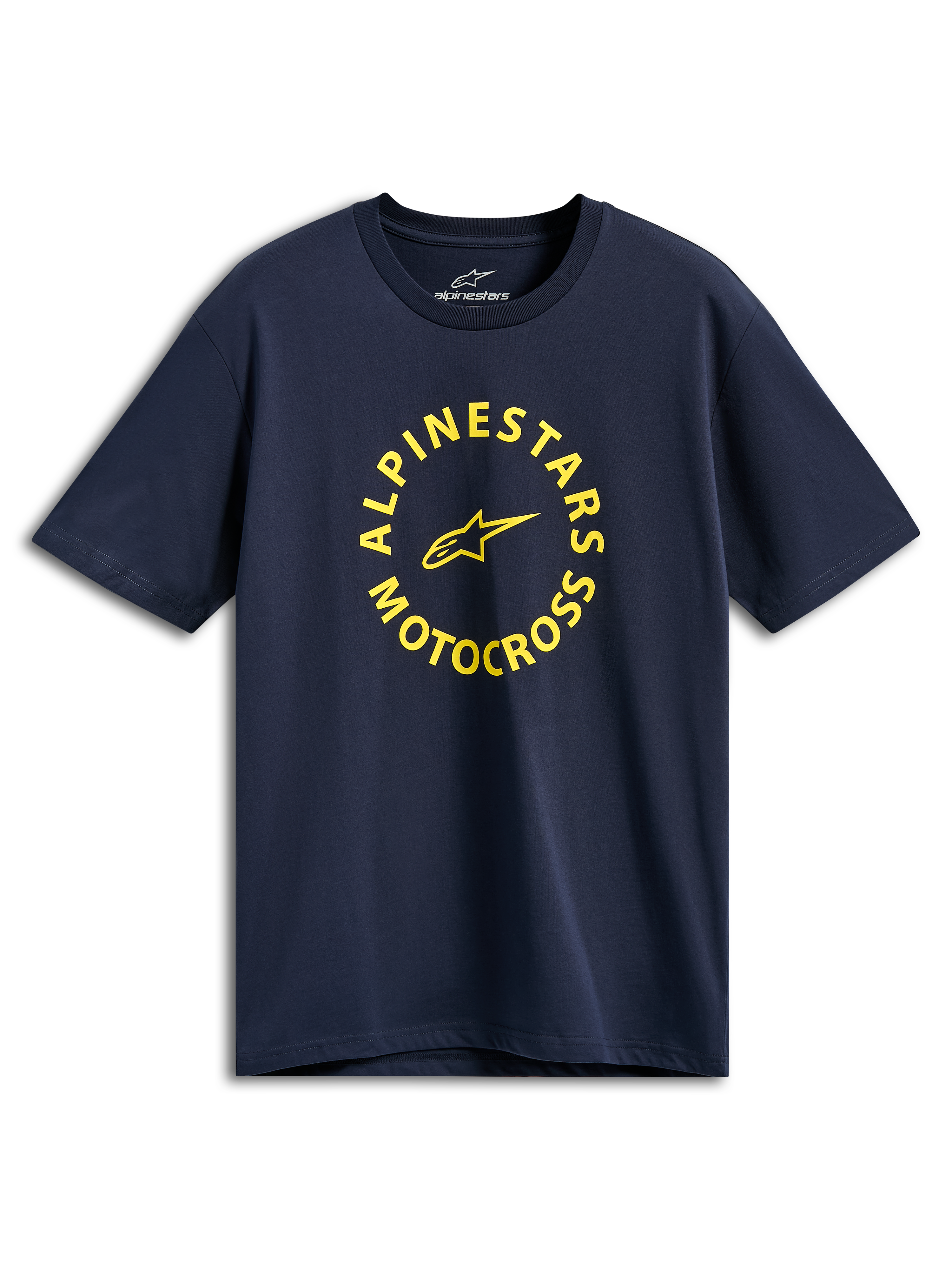 Alpinestars MX CSF Tee, T-shirt met korte mouwen, marineblauw, gele ronde Alpinestars Motocross-grafiek, casual motorsport streetwear