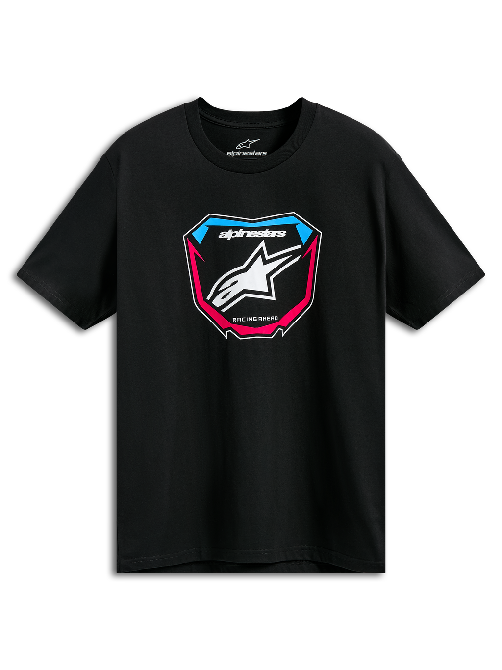 Alpinestars Plate CSF Tee, T-shirt met korte mouwen, zwart, MX-plaatgrafiek aan de voorzijde met wit sterlogo en blauwe en roze accenten, casual motorsport sportkleding