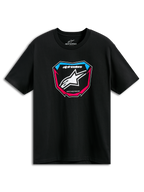Alpinestars Plate CSF Tee, T-shirt met korte mouwen, zwart, MX-plaatgrafiek aan de voorzijde met wit sterlogo en blauwe en roze accenten, casual motorsport sportkleding