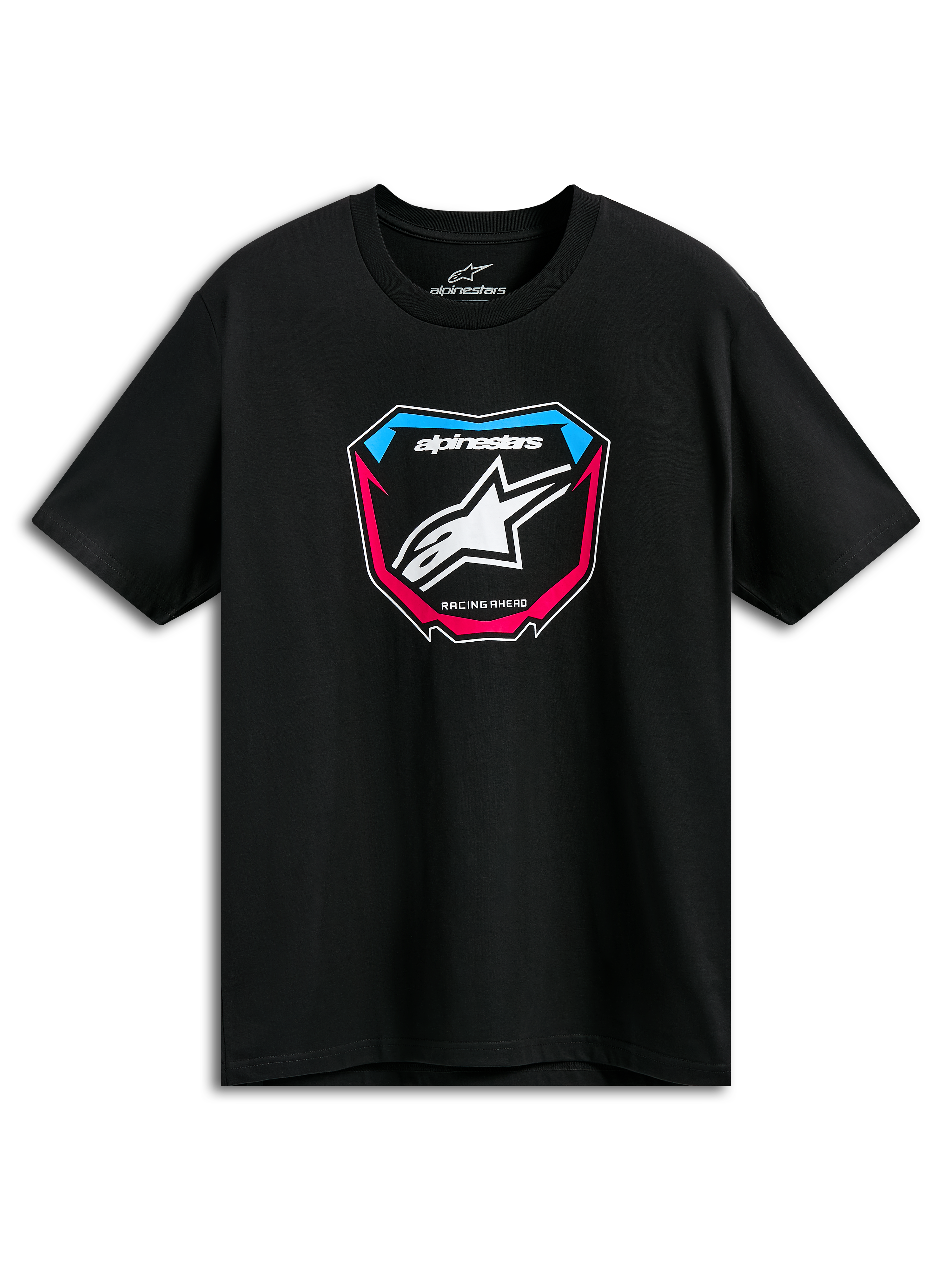 Alpinestars Plate CSF Tee, T-shirt met korte mouwen, zwart, MX-plaatgrafiek aan de voorzijde met wit sterlogo en blauwe en roze accenten, casual motorsport sportkleding