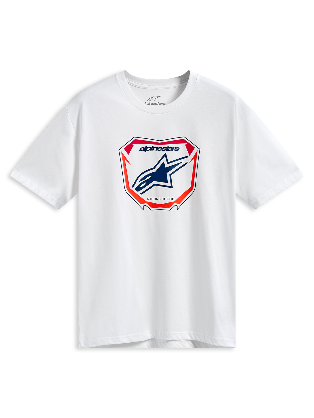 Alpinestars Plate CSF Tee, T-shirt met korte mouwen, wit, centrale MX-plaatgrafiek met blauw Astars-logo en rode en oranje accenten, casual motorsport streetwear